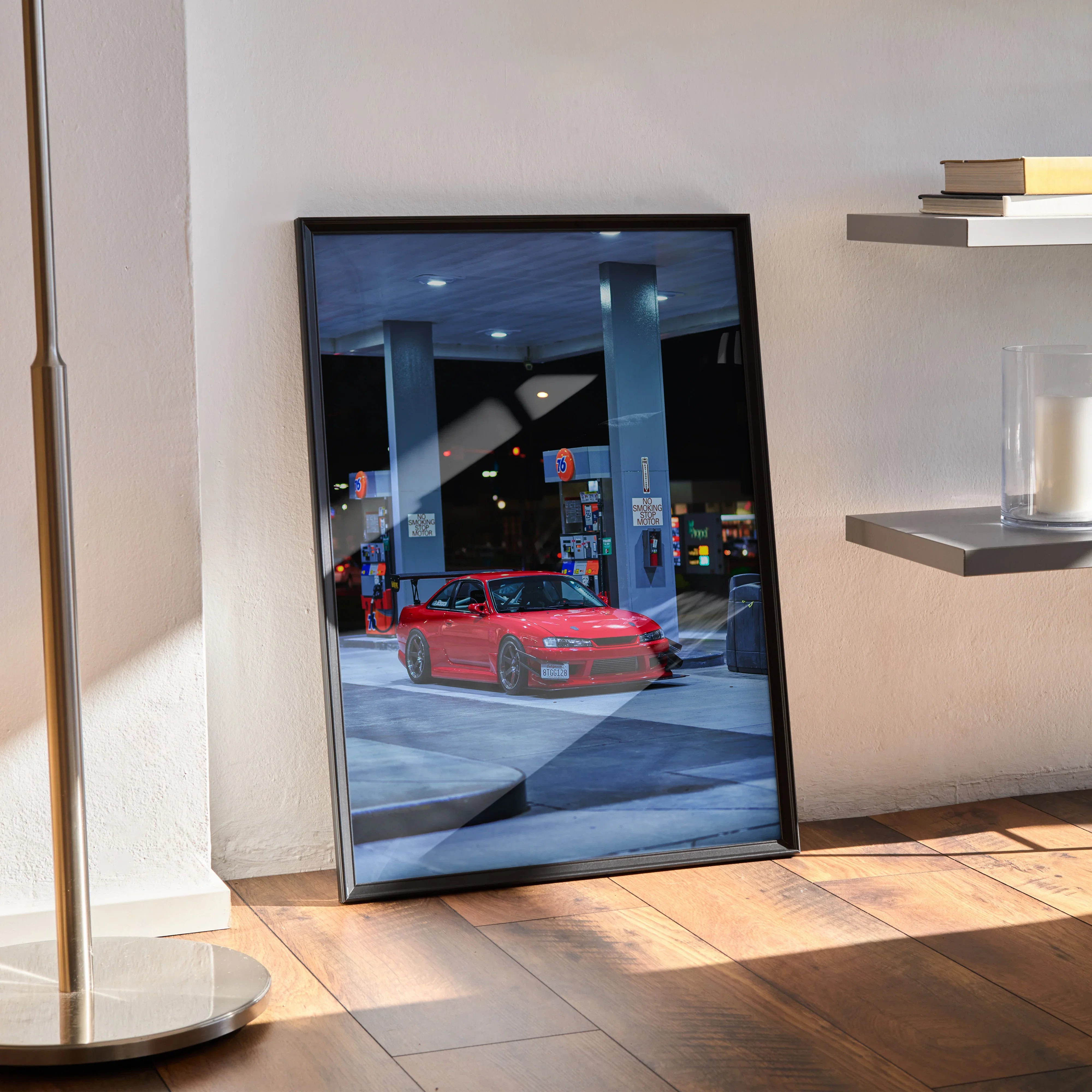 Nissan 240SX S14 Kouki red car poster with night gas station scene wall art in black frame.