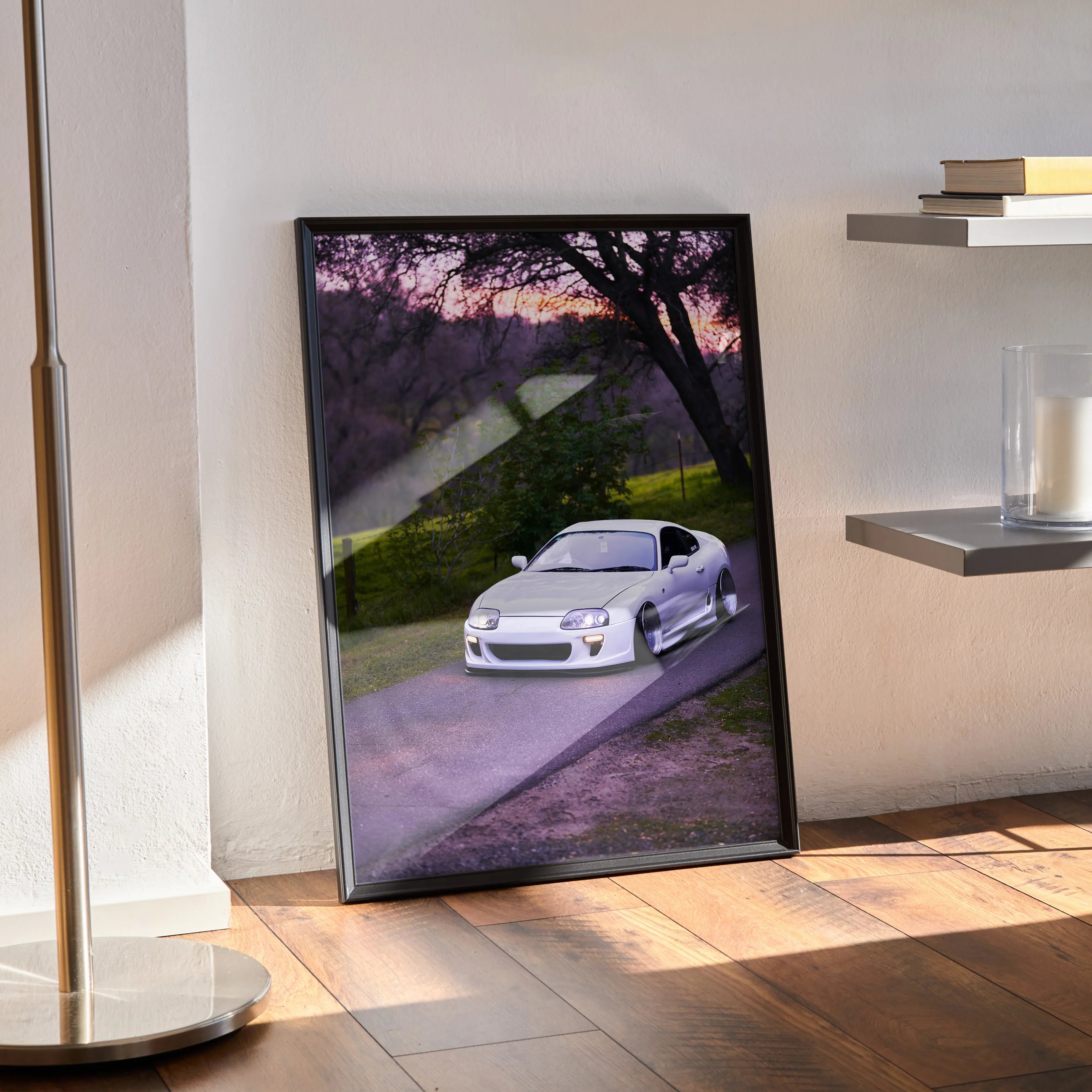 Toyota Supra MK4 poster with purple sunset and scenic road, modern wall art print.