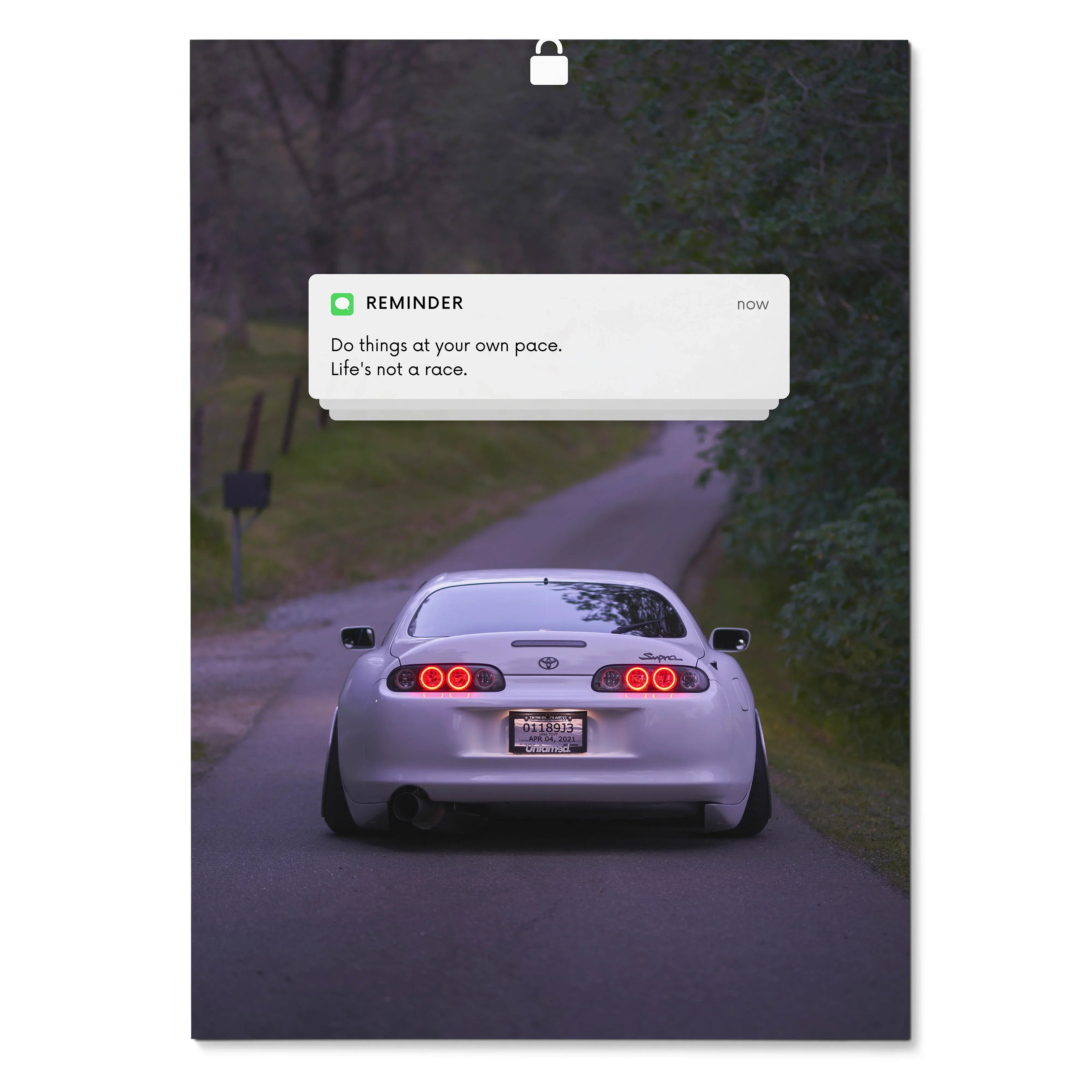 Toyota Supra Mk4 poster with rear view on road and motivational text reminder wall art.