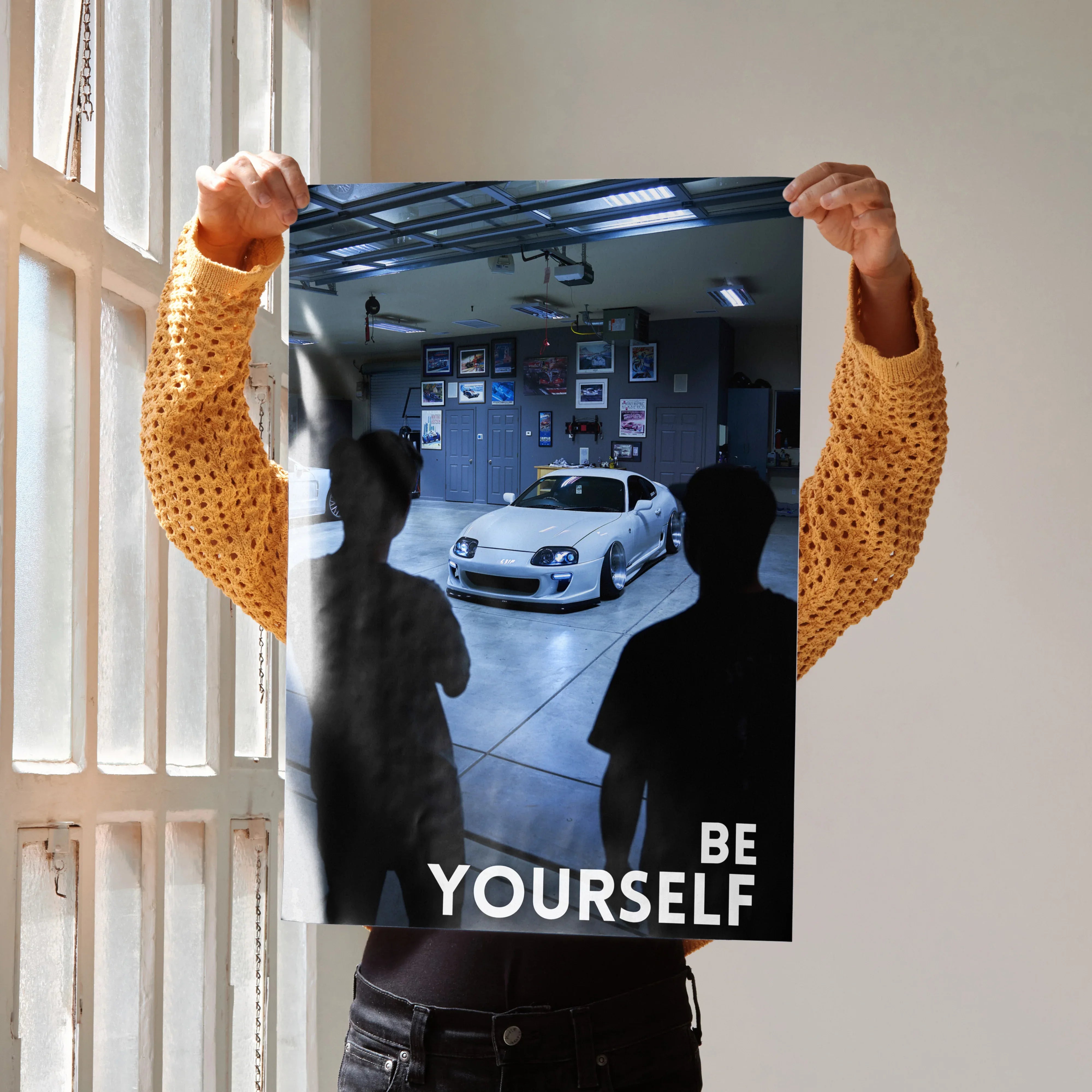 Toyota Supra Mk4 motivational poster wall art with inspiring "Be Yourself" text and garage background.