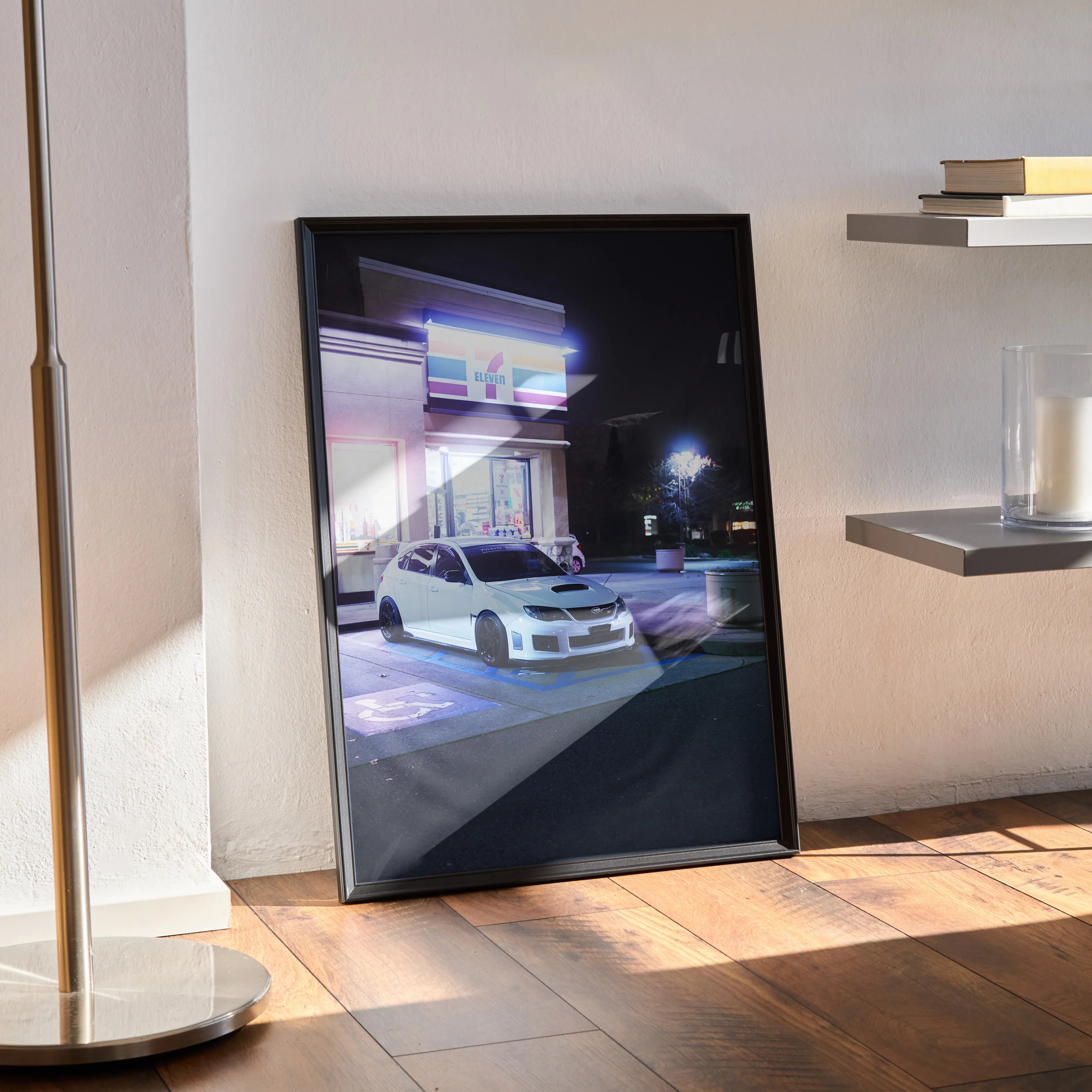 Subaru WRX STI poster wall art featuring high-resolution nighttime automotive scene in black frame.