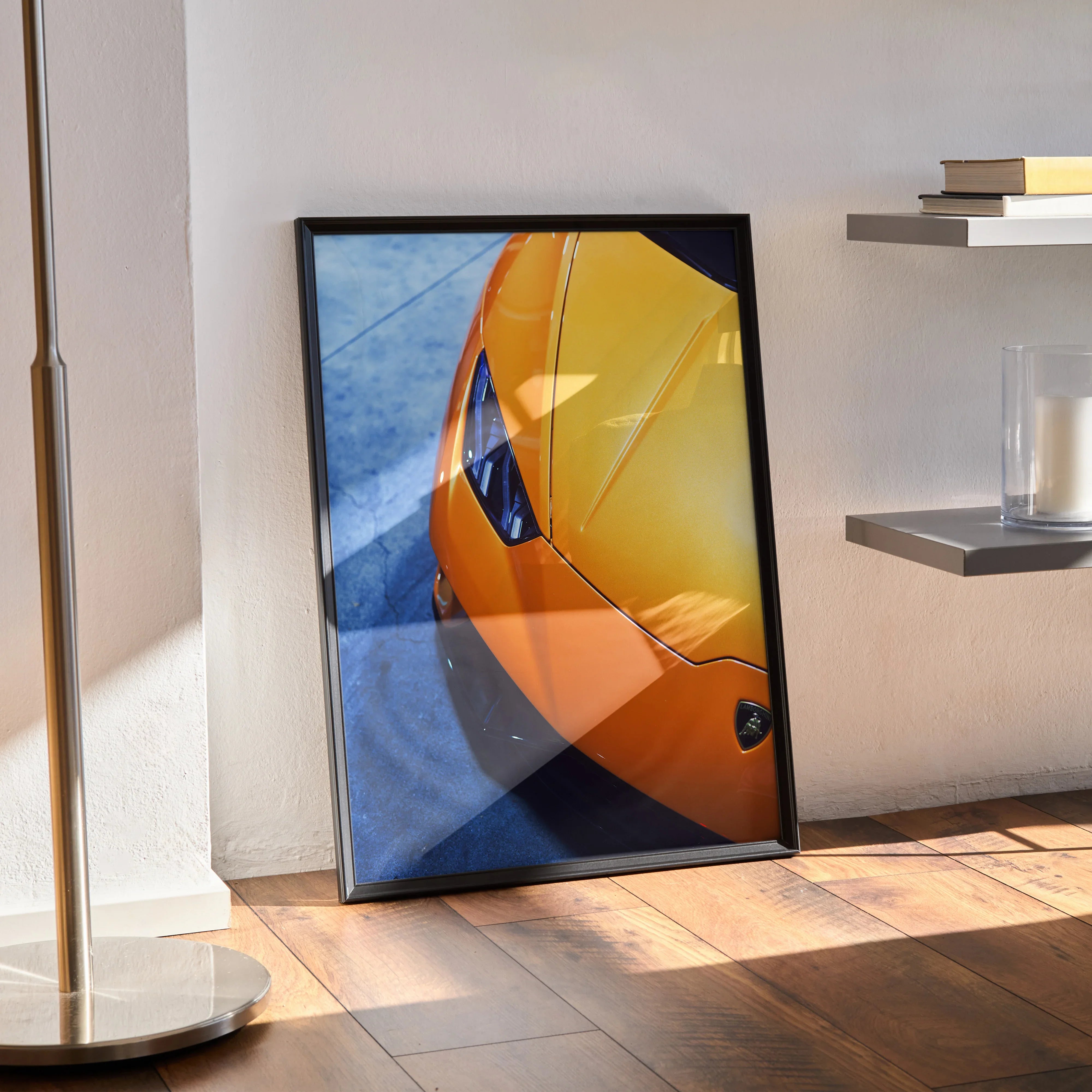 Lamborghini Huracan close-up poster with vibrant orange and blue tones in sleek black frame wall art.