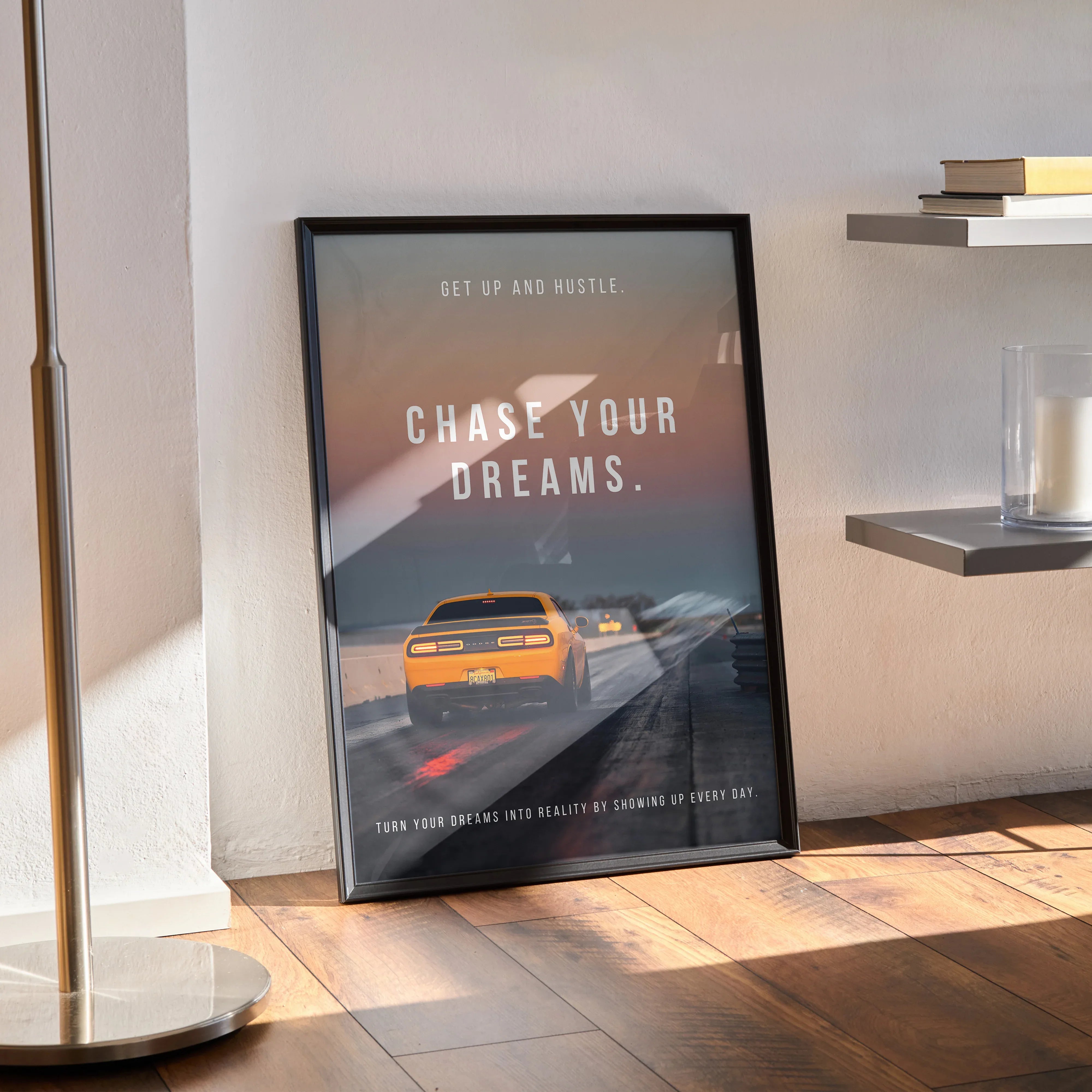 Dodge Challenger motivational poster wall art with inspiring "Chase Your Dreams" text in black frame.