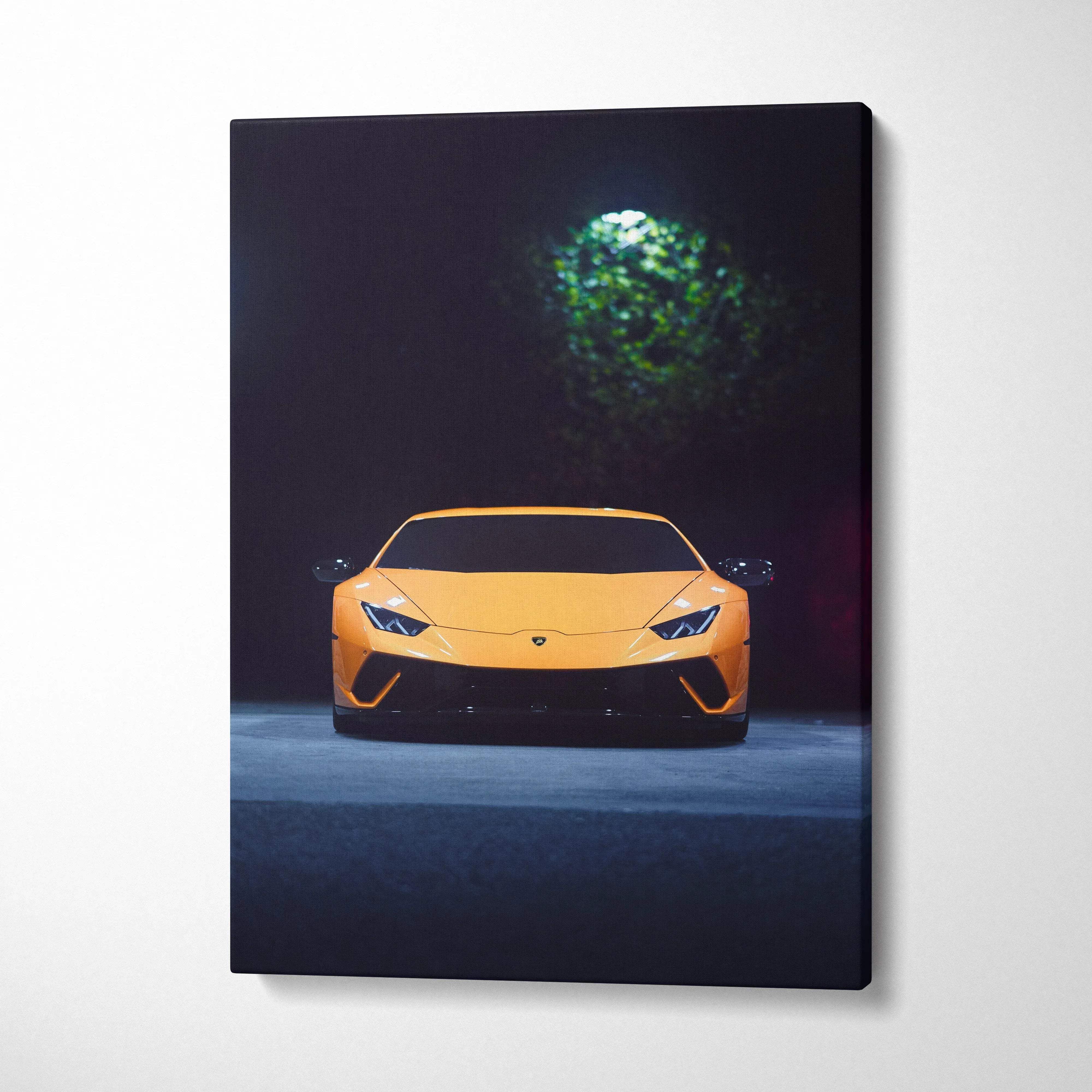 Yellow Lamborghini Huracan front view on dark background vertical canvas wall art.