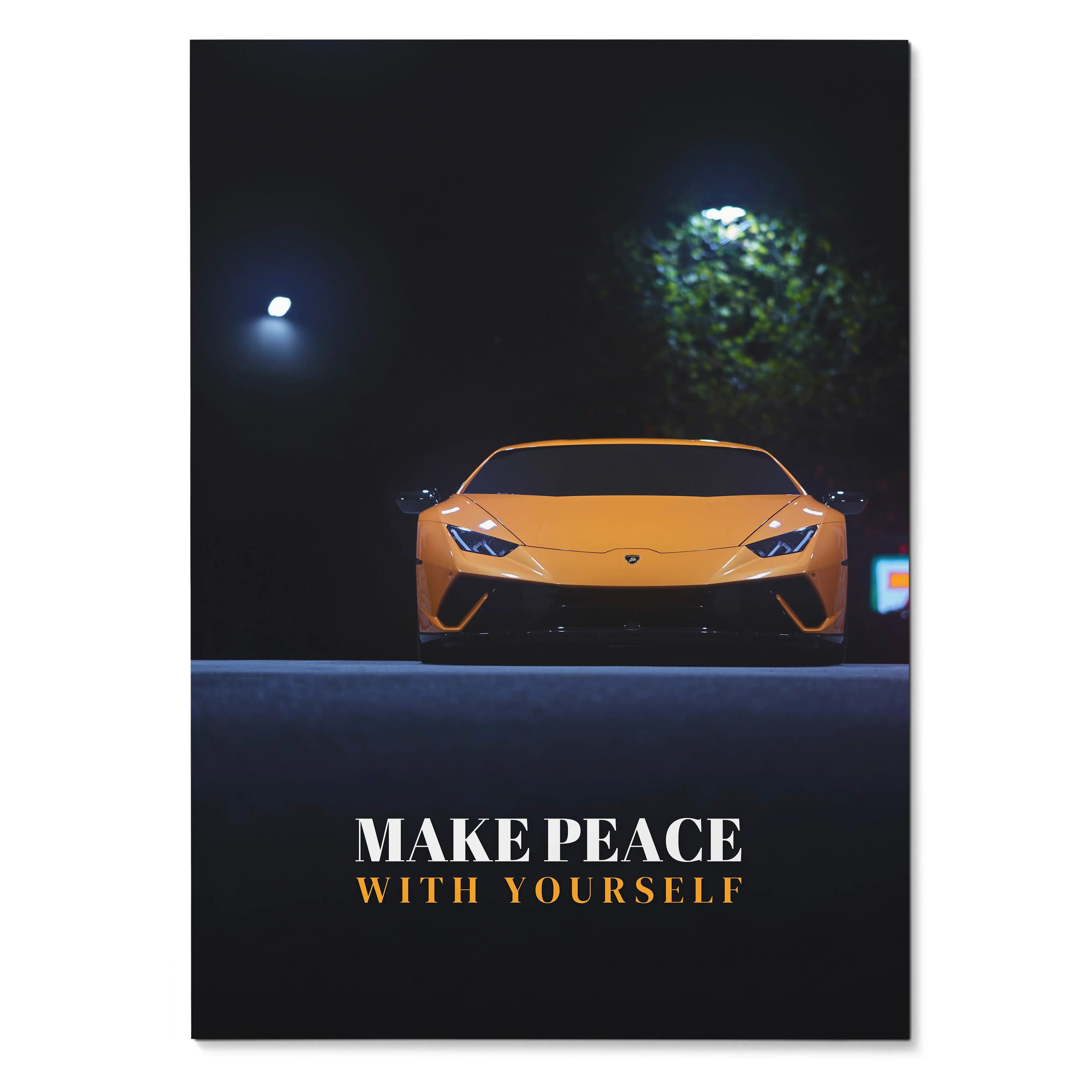 Lamborghini Huracan poster with night scene and motivational text "Make Peace With Yourself" wall art.