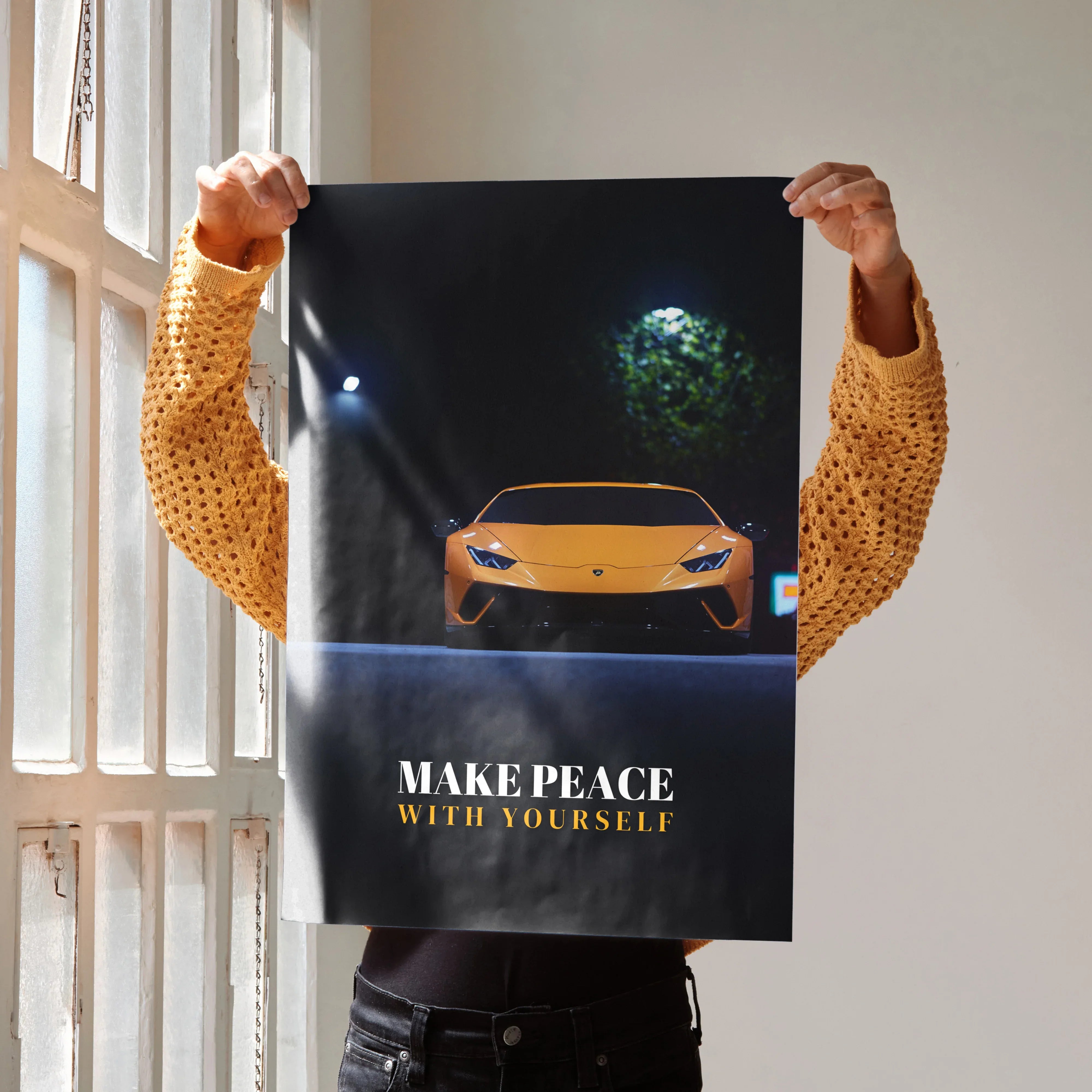 Motivational poster featuring yellow Lamborghini Huracan front view with "Make Peace with Yourself" text wall art.