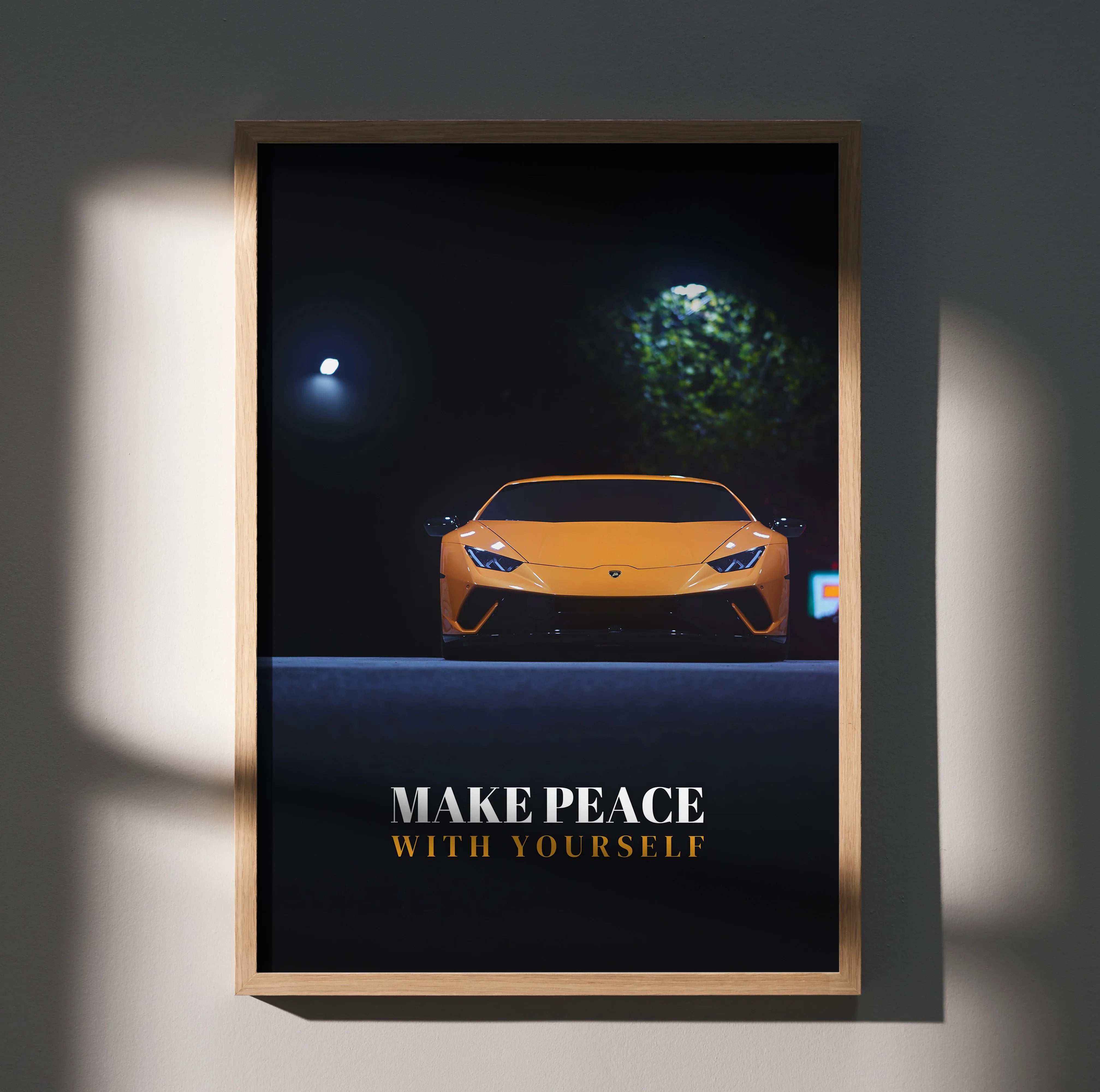 Motivational poster wall art featuring a yellow Lamborghini Huracan under moonlight with inspiring text "Make Peace With.