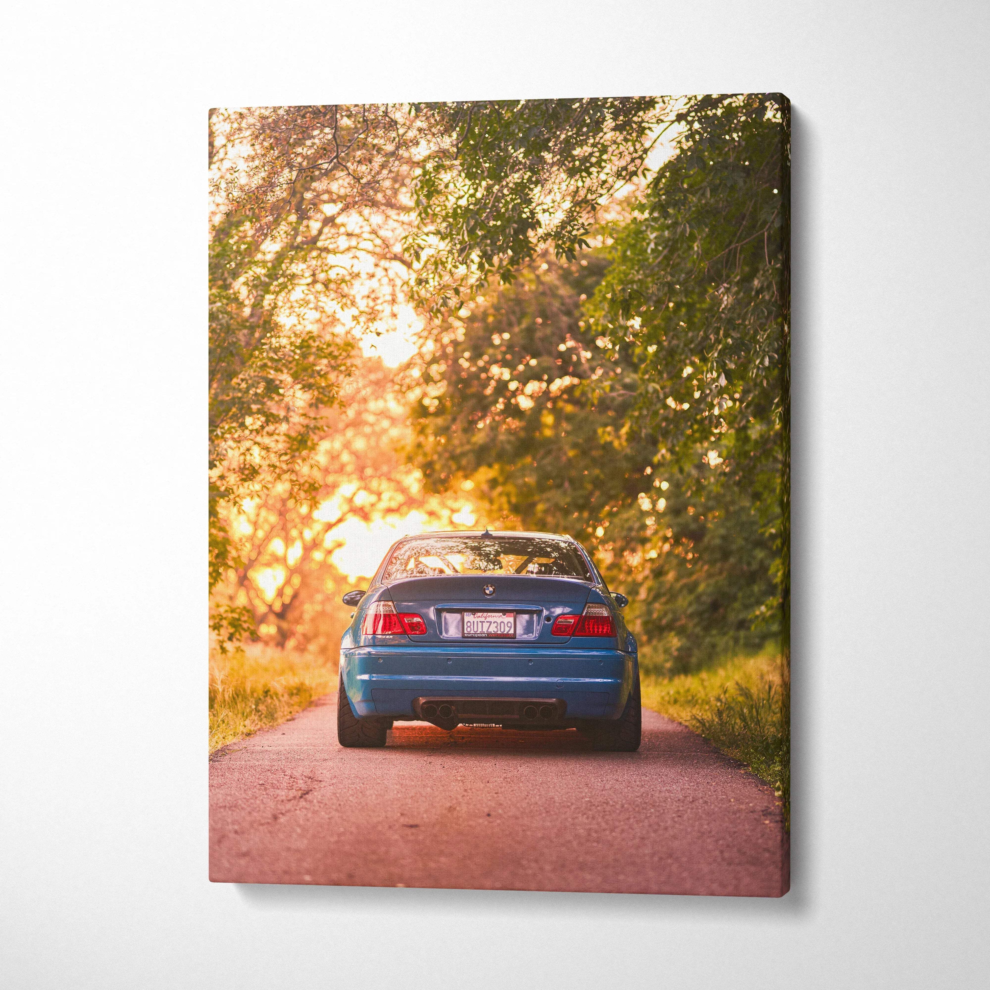 BMW E46 M3 parked on road at sunset, high-resolution vertical canvas wall art.