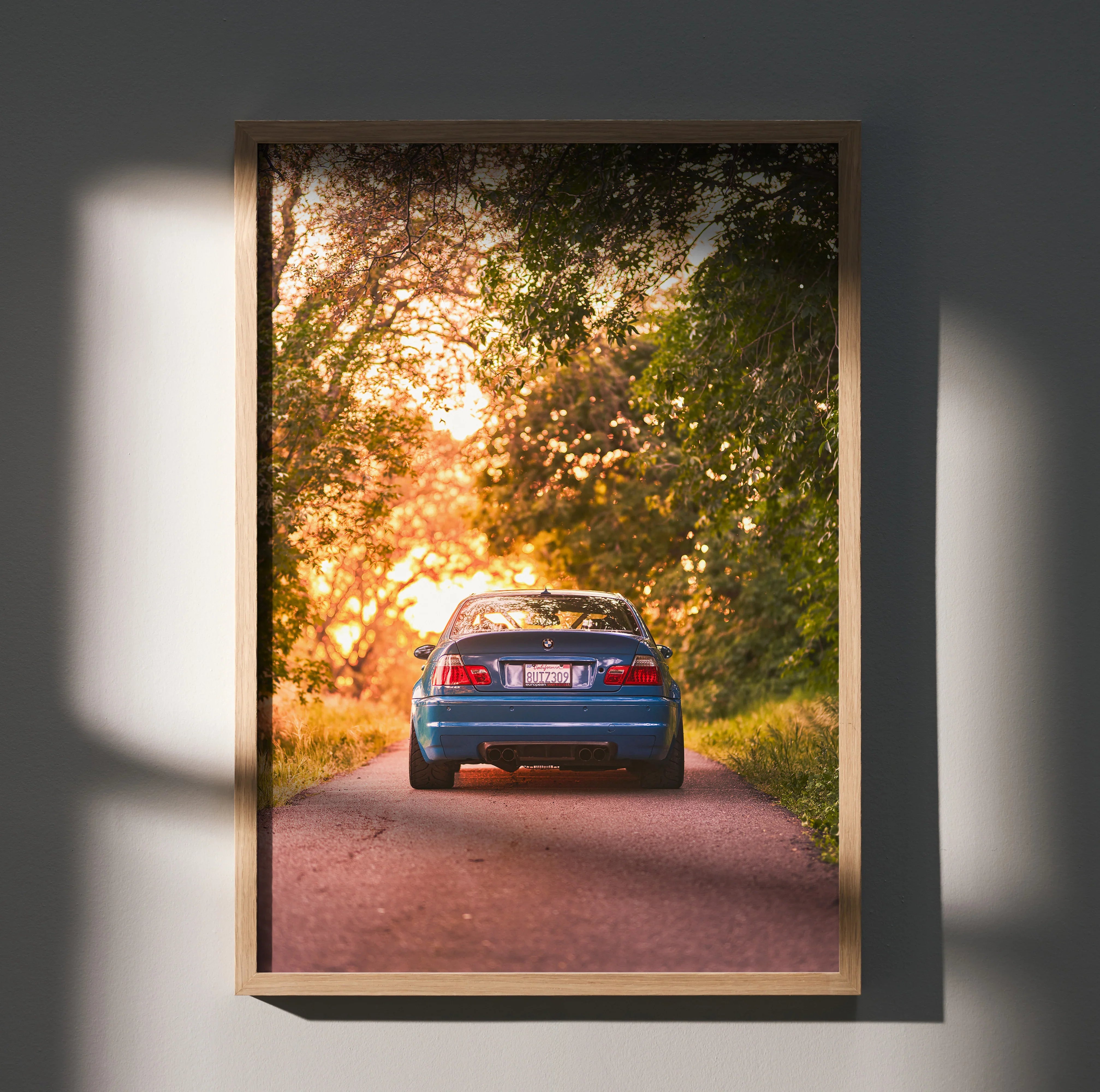 BMW E46 M3 poster with sunset background and vibrant automotive wall art design.