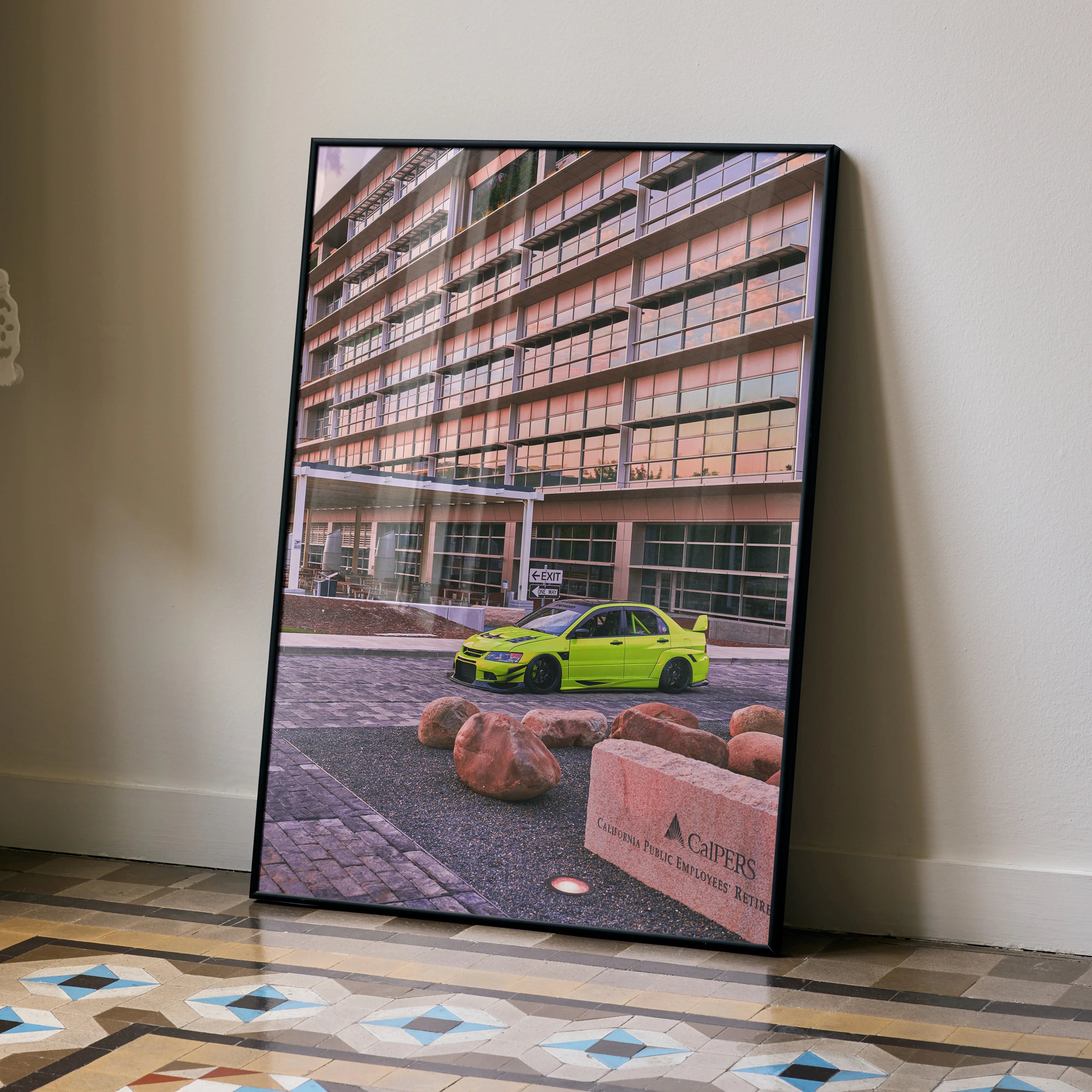Mitsubishi Evo 9 bright green car poster leaning against wall in urban setting wall art.