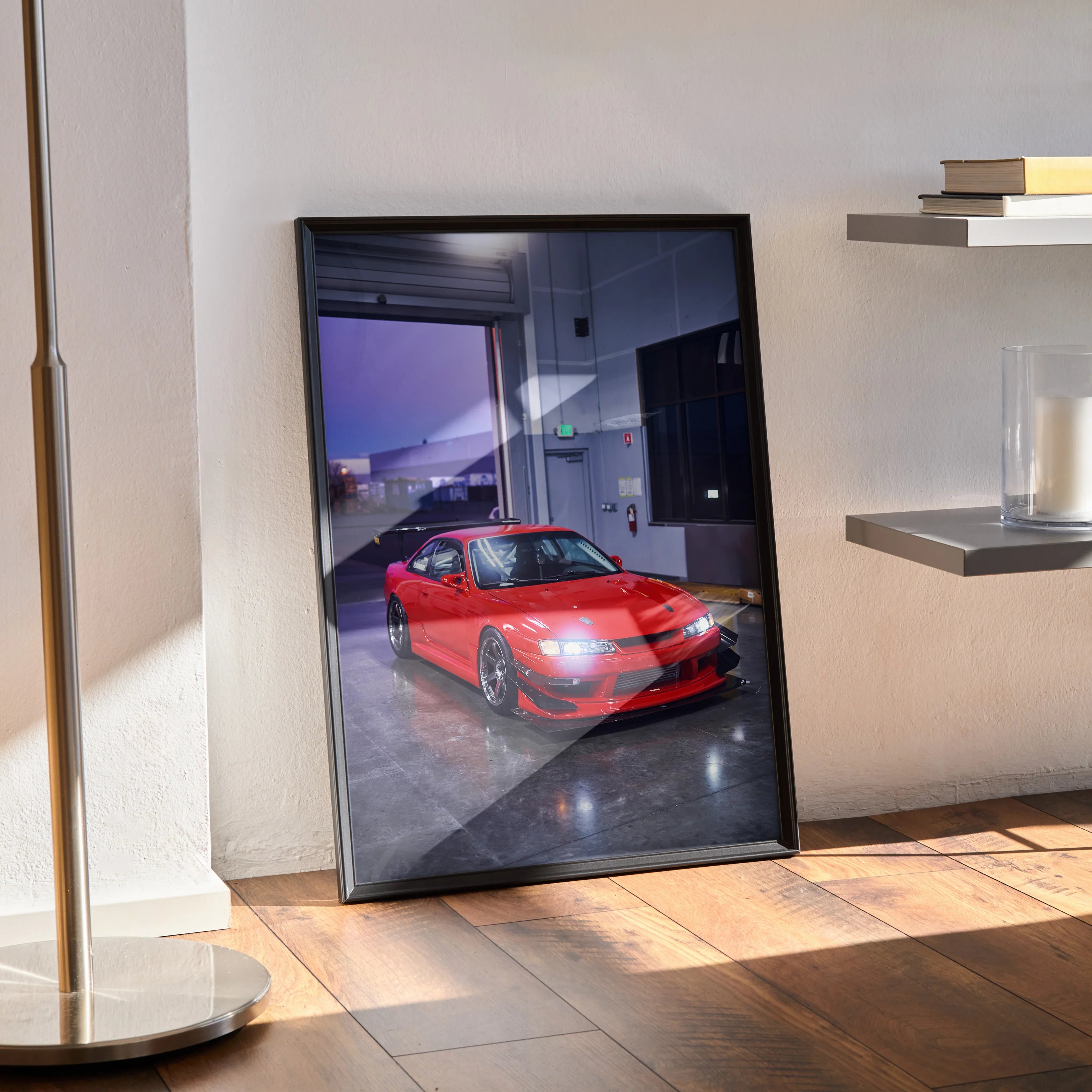 Nissan 240sx S14 Kouki red sports car poster leaning against wall, automotive wall art with urban night scene.