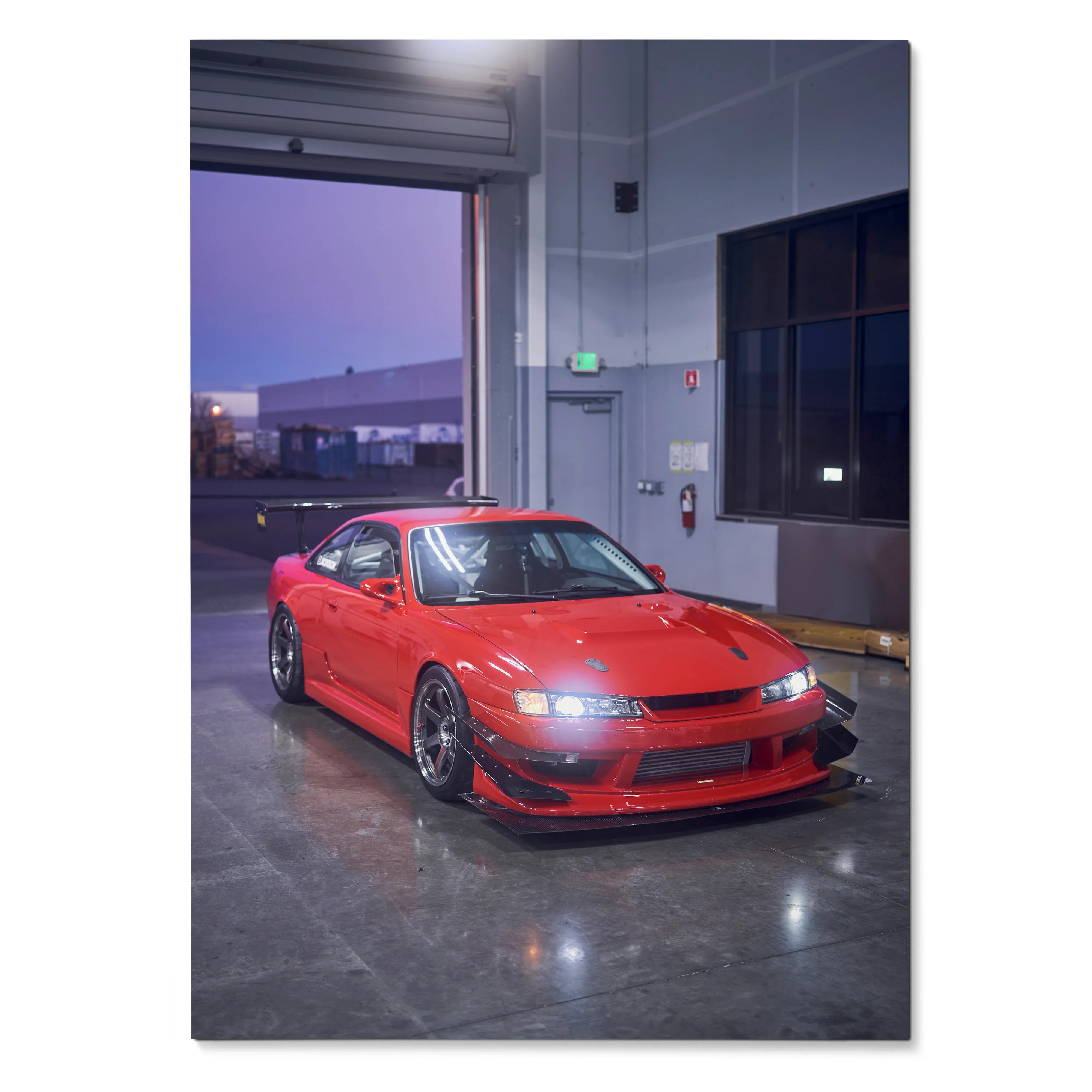 Red Nissan 240sx S14 Kouki parked in industrial garage at dusk poster wall art.