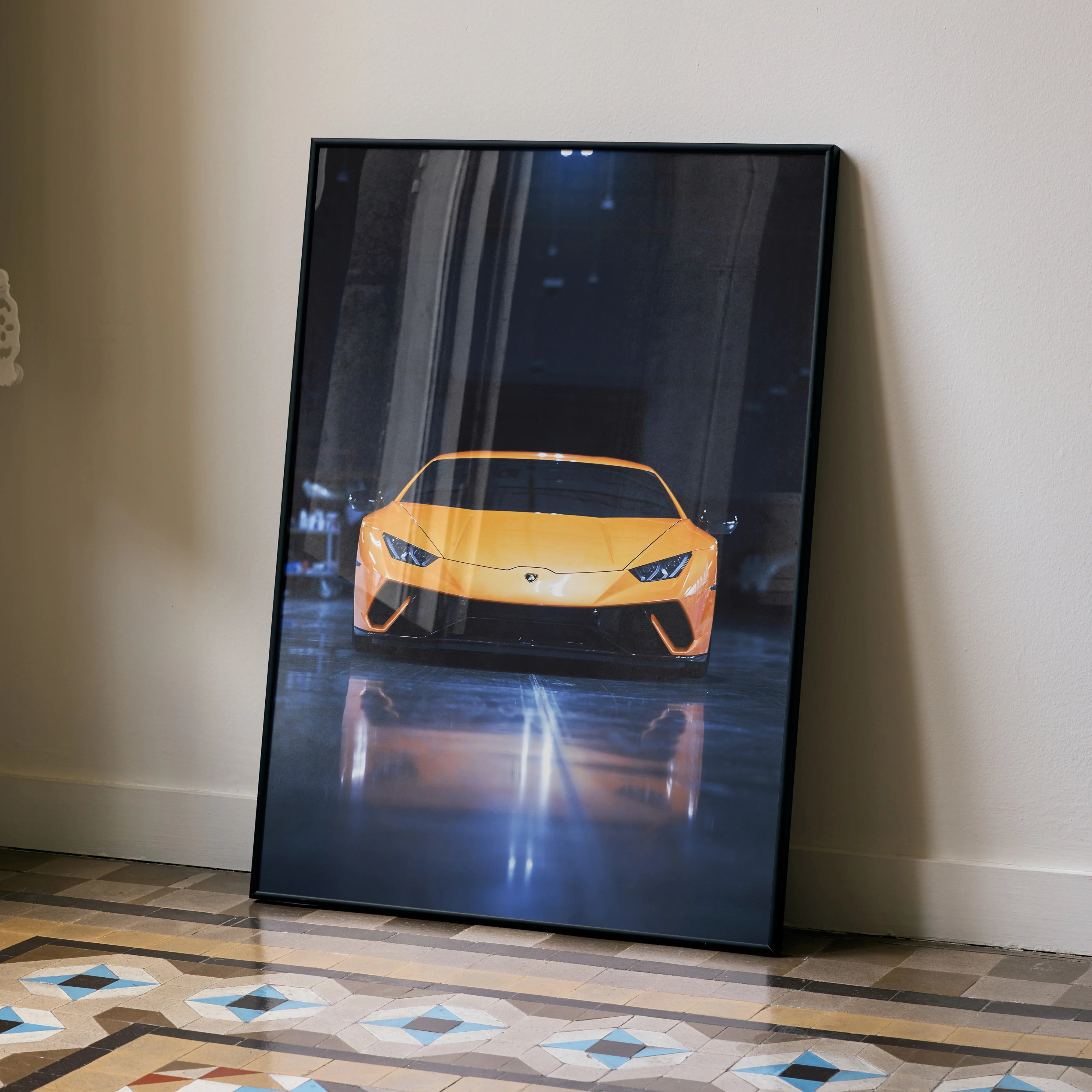 Lamborghini Huracan yellow sports car poster with glossy finish leaning on wall, modern wall art.