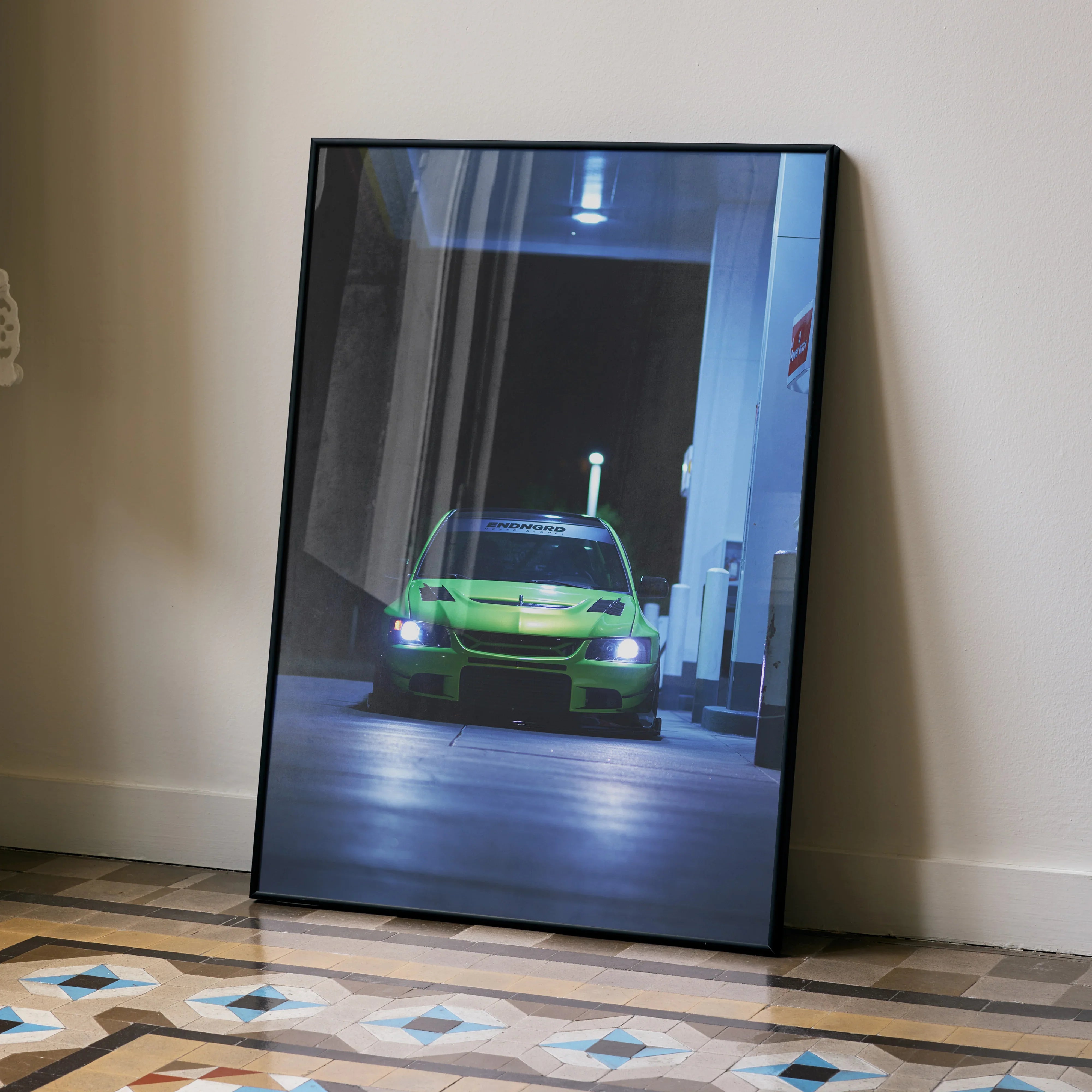 Mitsubishi Evo 9 in green racing at night street scene poster wall art.