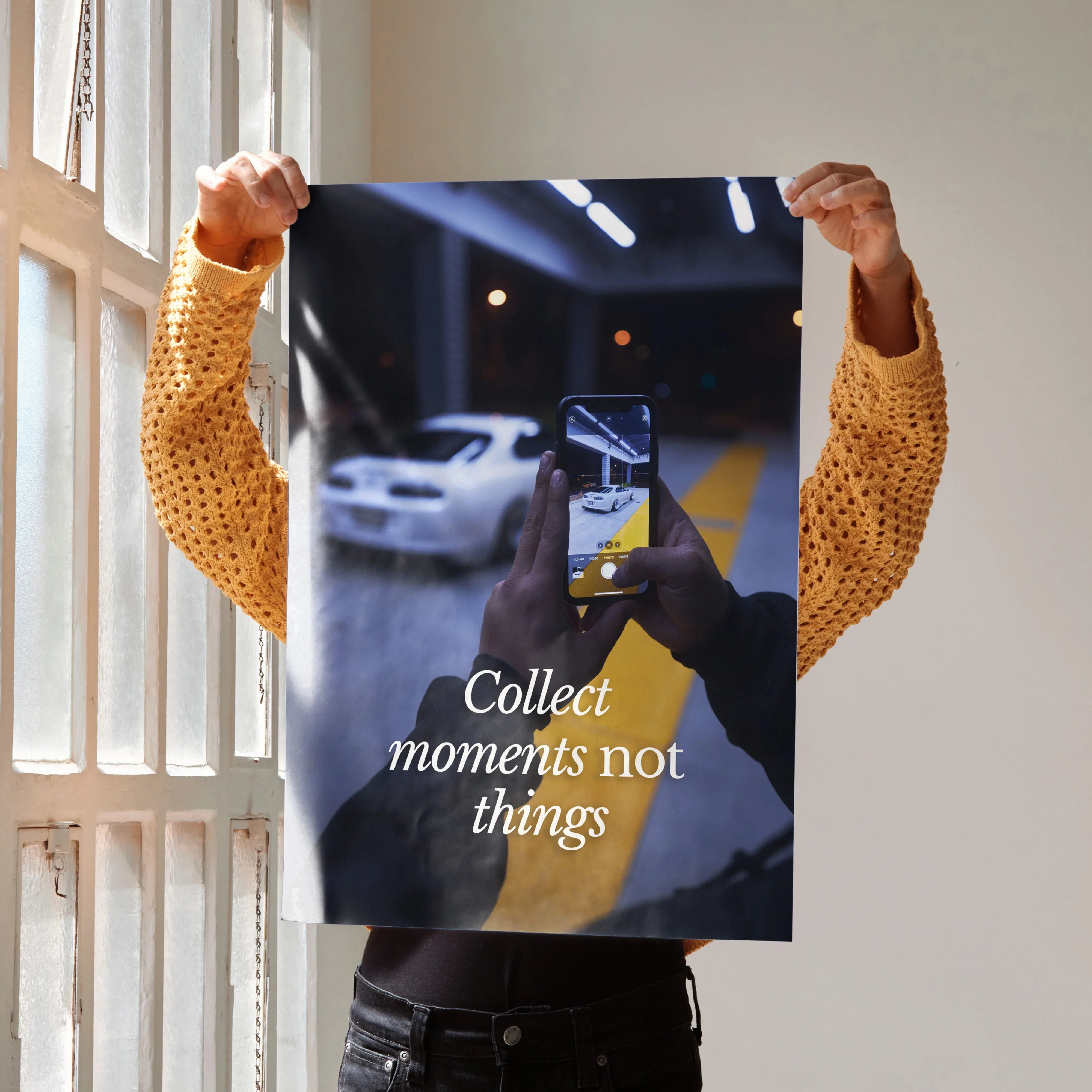 Motivational poster wall art with "Collect moments not things" text and Toyota Supra Mk4 photo.