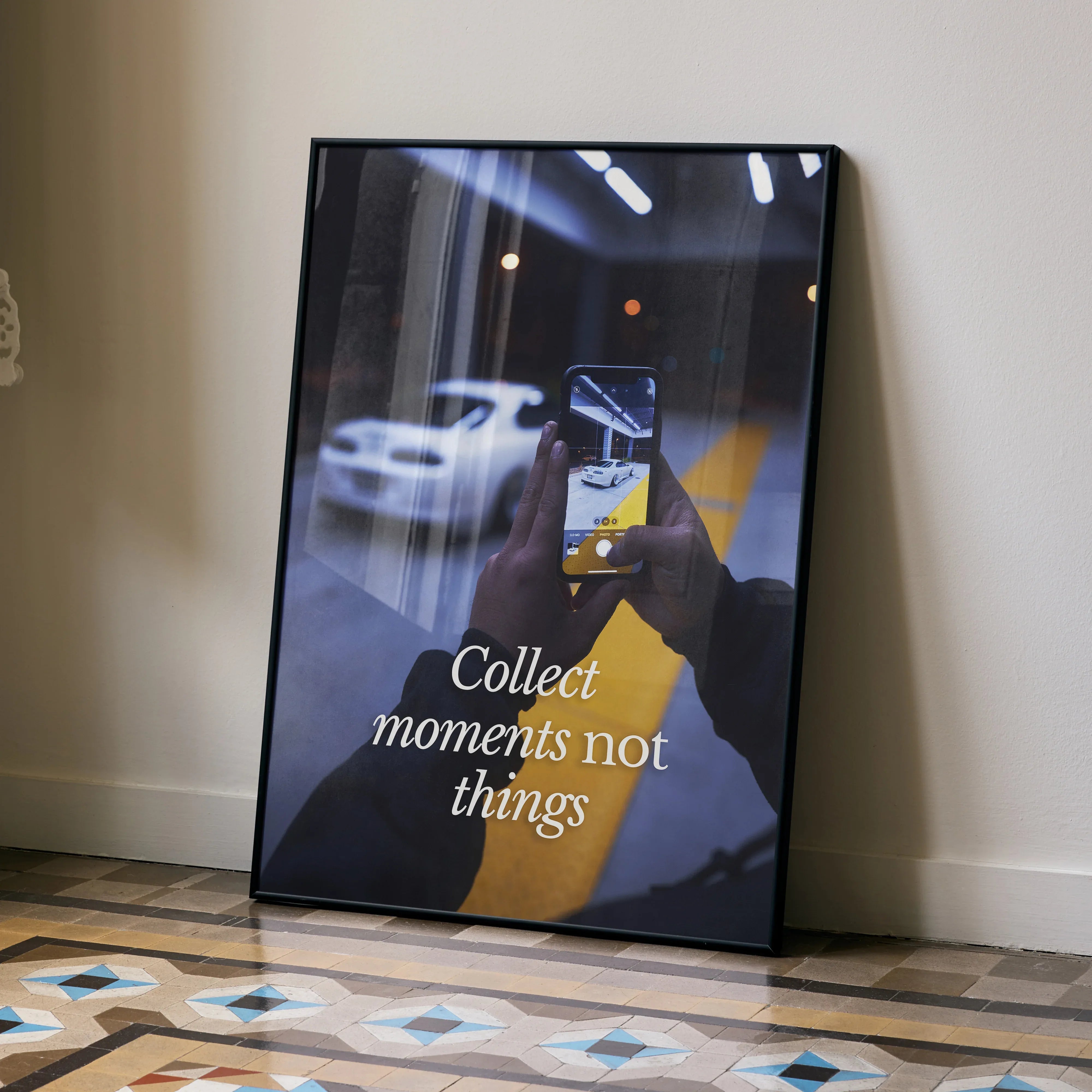 Motivational poster with Toyota Supra Mk4 photo and "Collect moments not things" text wall art.