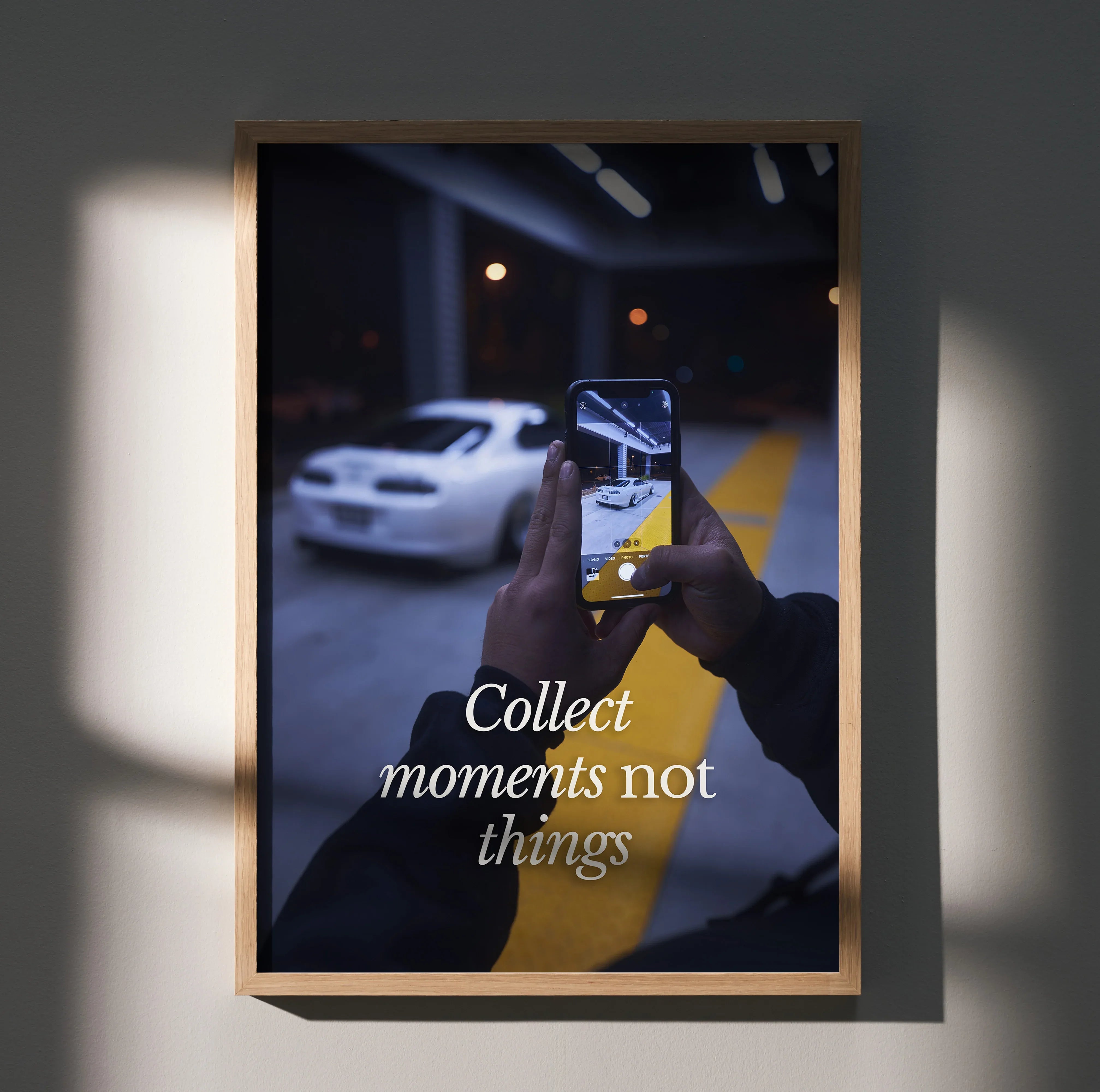 Motivational wall art poster featuring Toyota Supra Mk4 with "Collect moments not things" text.