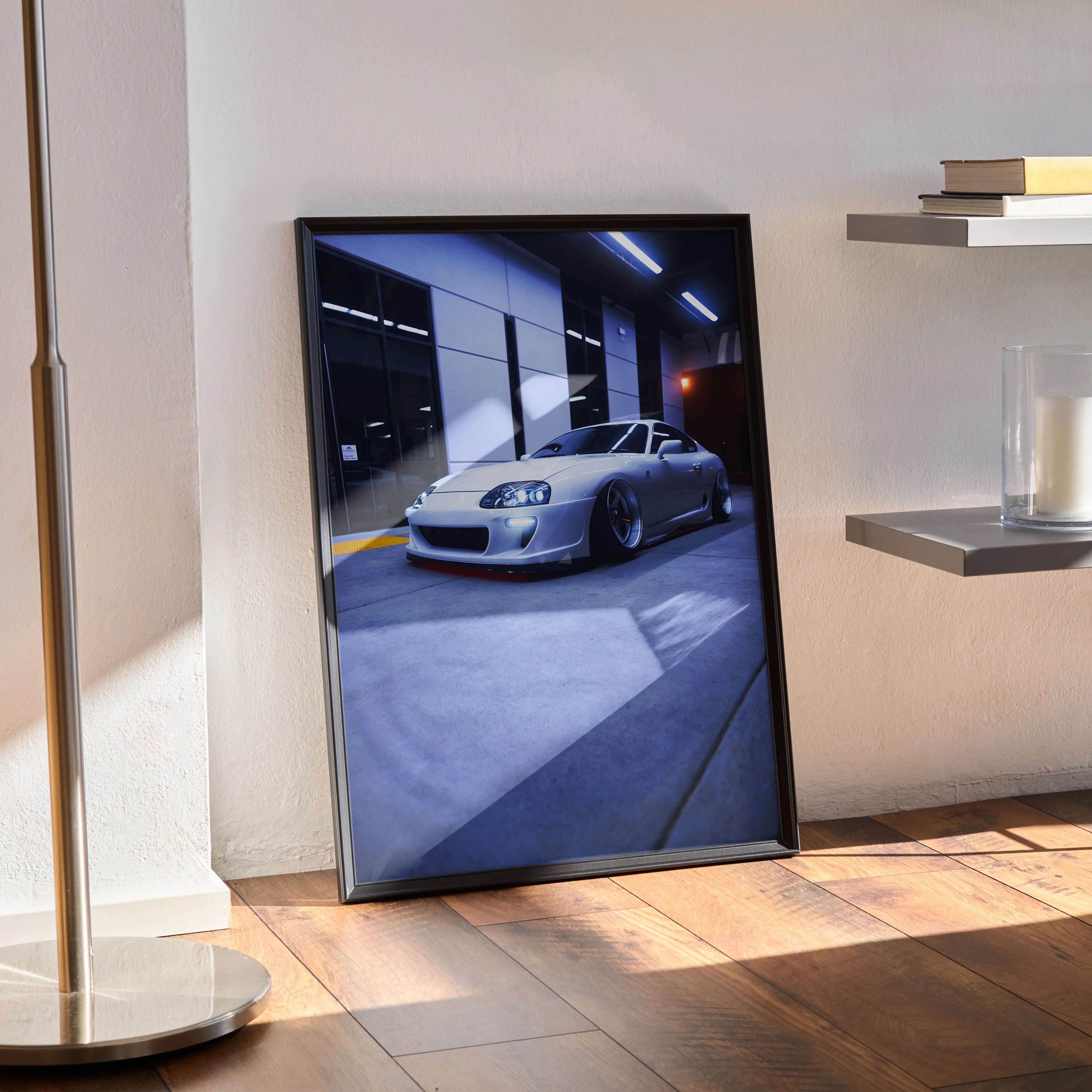 Toyota Supra MK4 parked in a dimly lit garage poster with sleek, glossy automotive wall art design.
