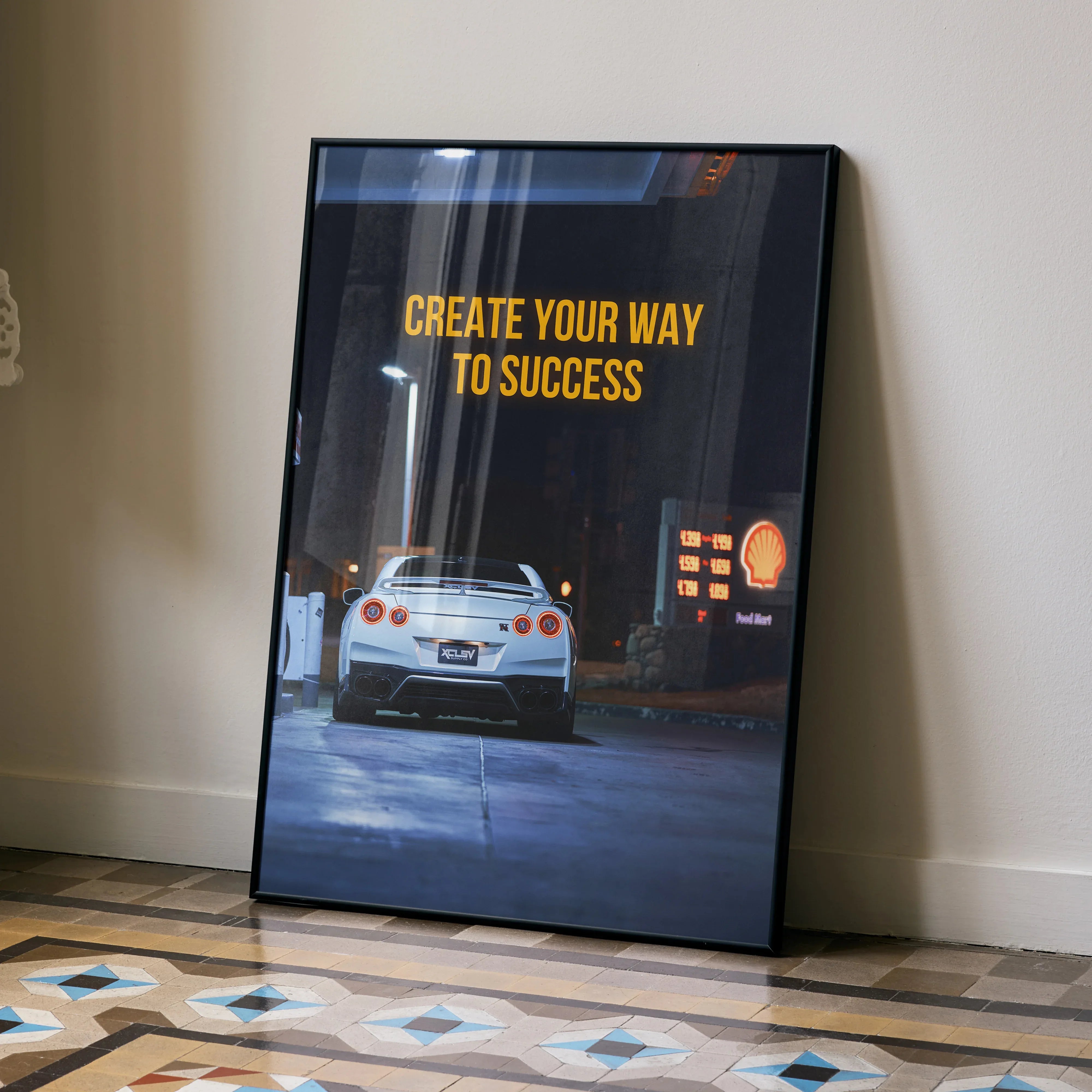 Nissan R35 GT-R rear view on street with "Create Your Way to Success" text poster wall art.