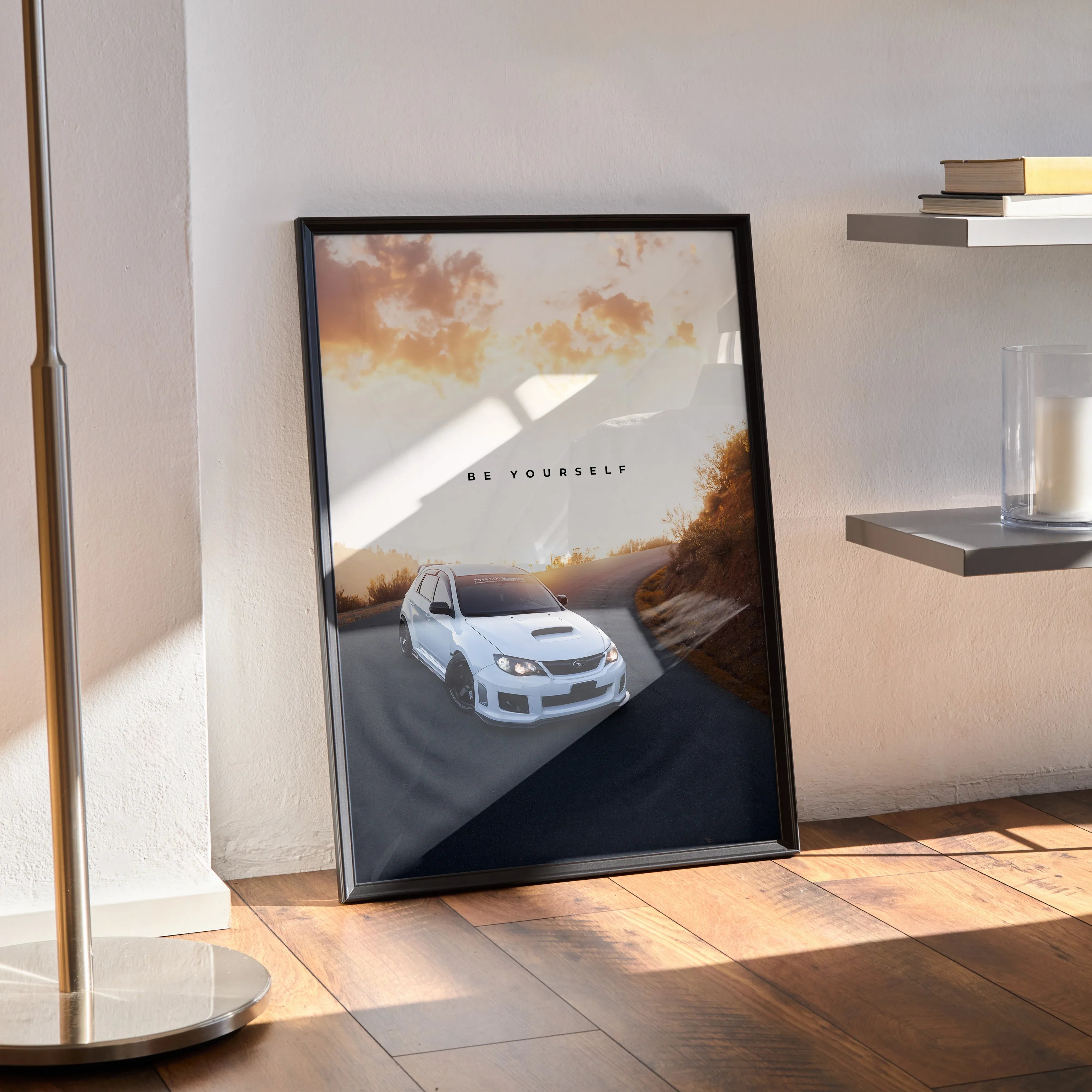 Subaru WRX STI white sports car on road at sunset motivational poster wall art in black frame.