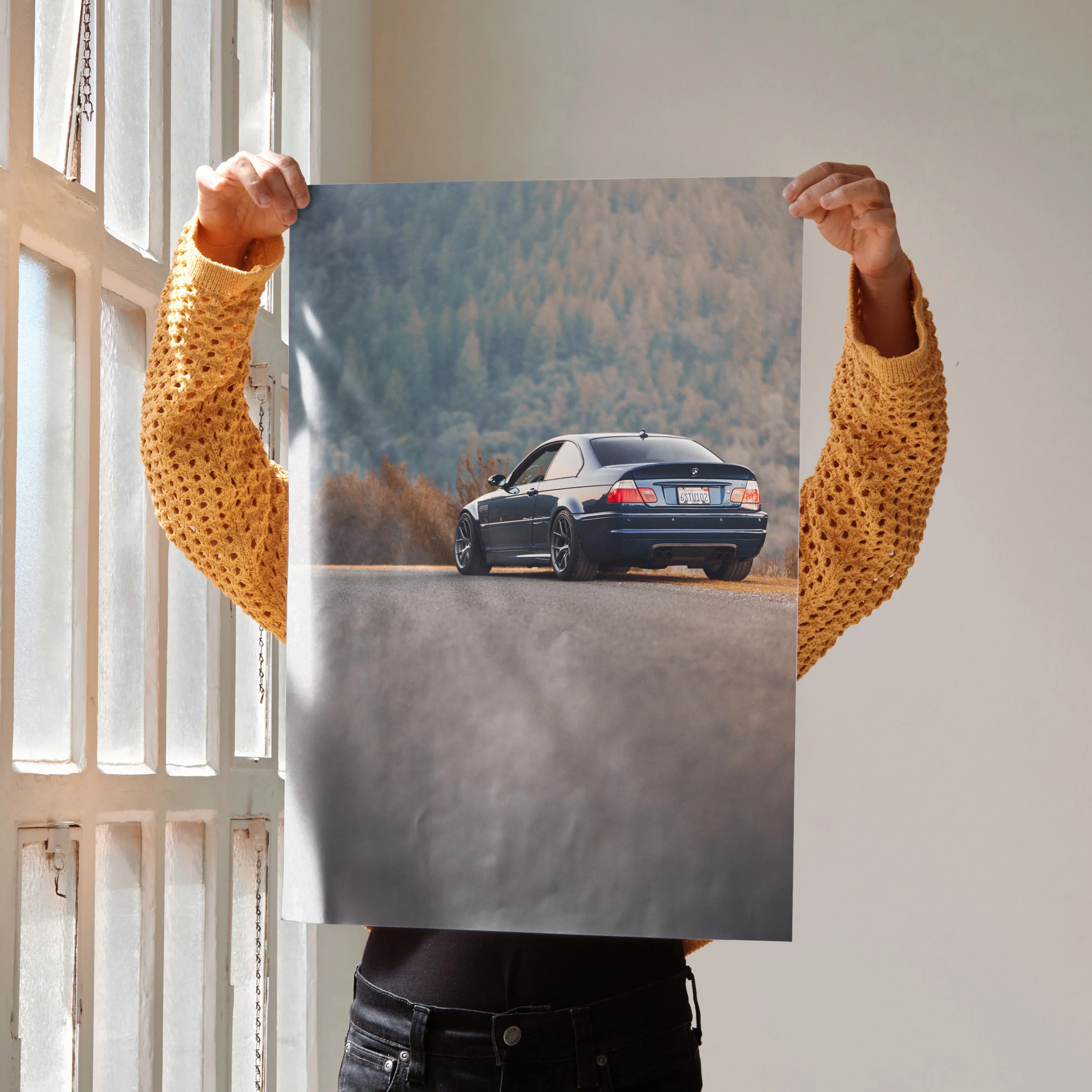 BMW E46 M3 poster with sleek rear view on scenic road, high-resolution automotive wall art.