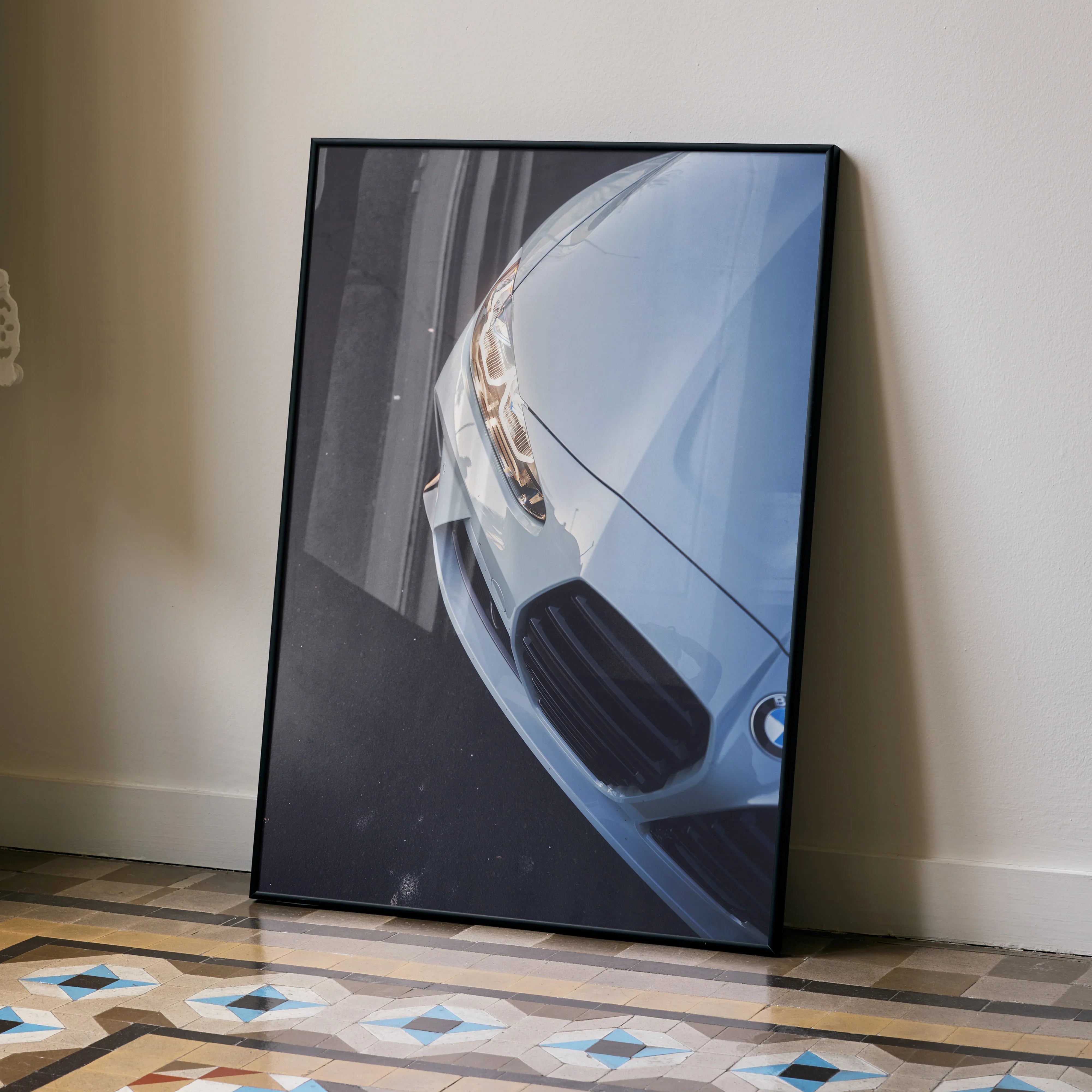 BMW G80 M3 close-up front view poster with sleek white car and detailed headlight wall art.