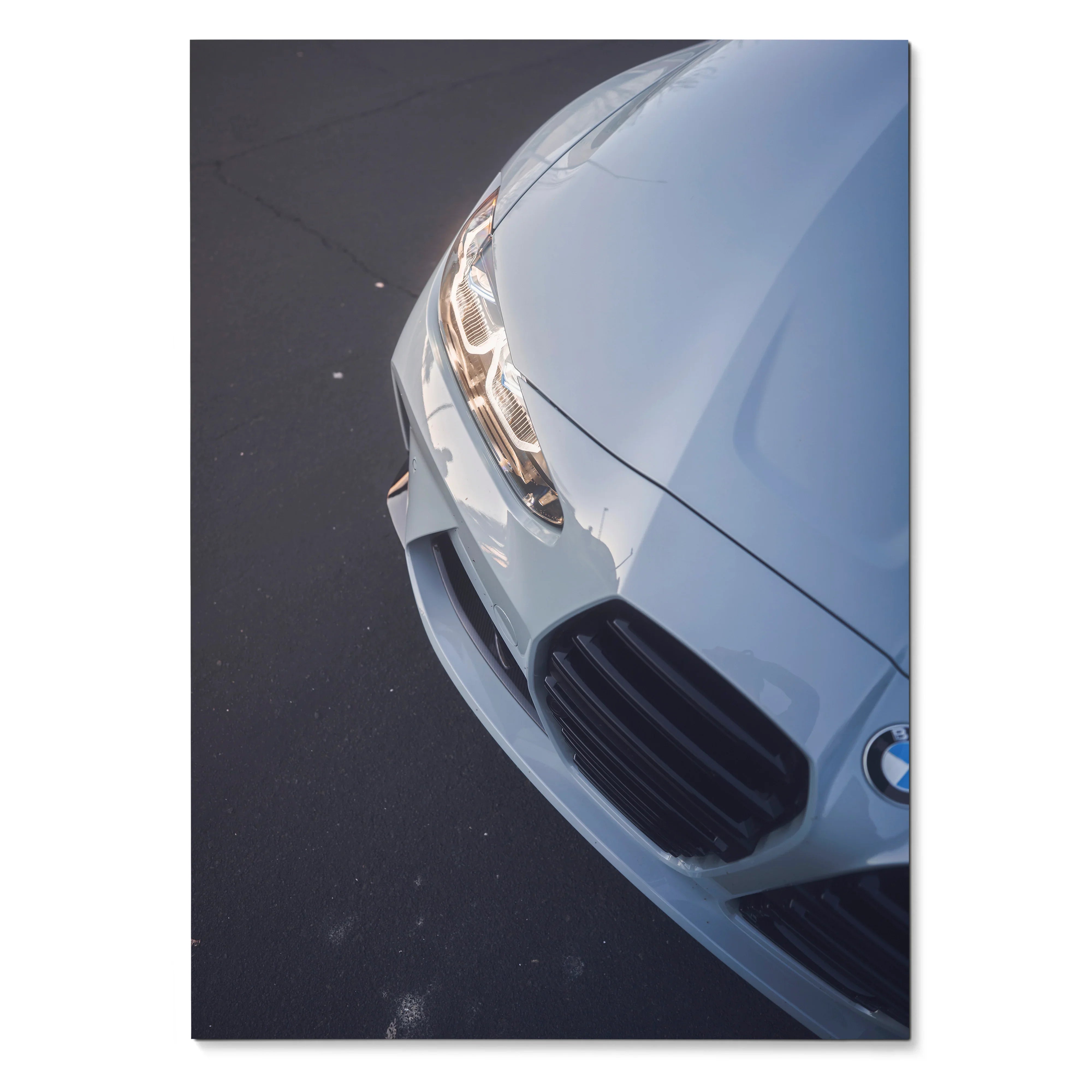 Close-up BMW G80 M3 front grille and headlight high-resolution poster wall art in silver tone.