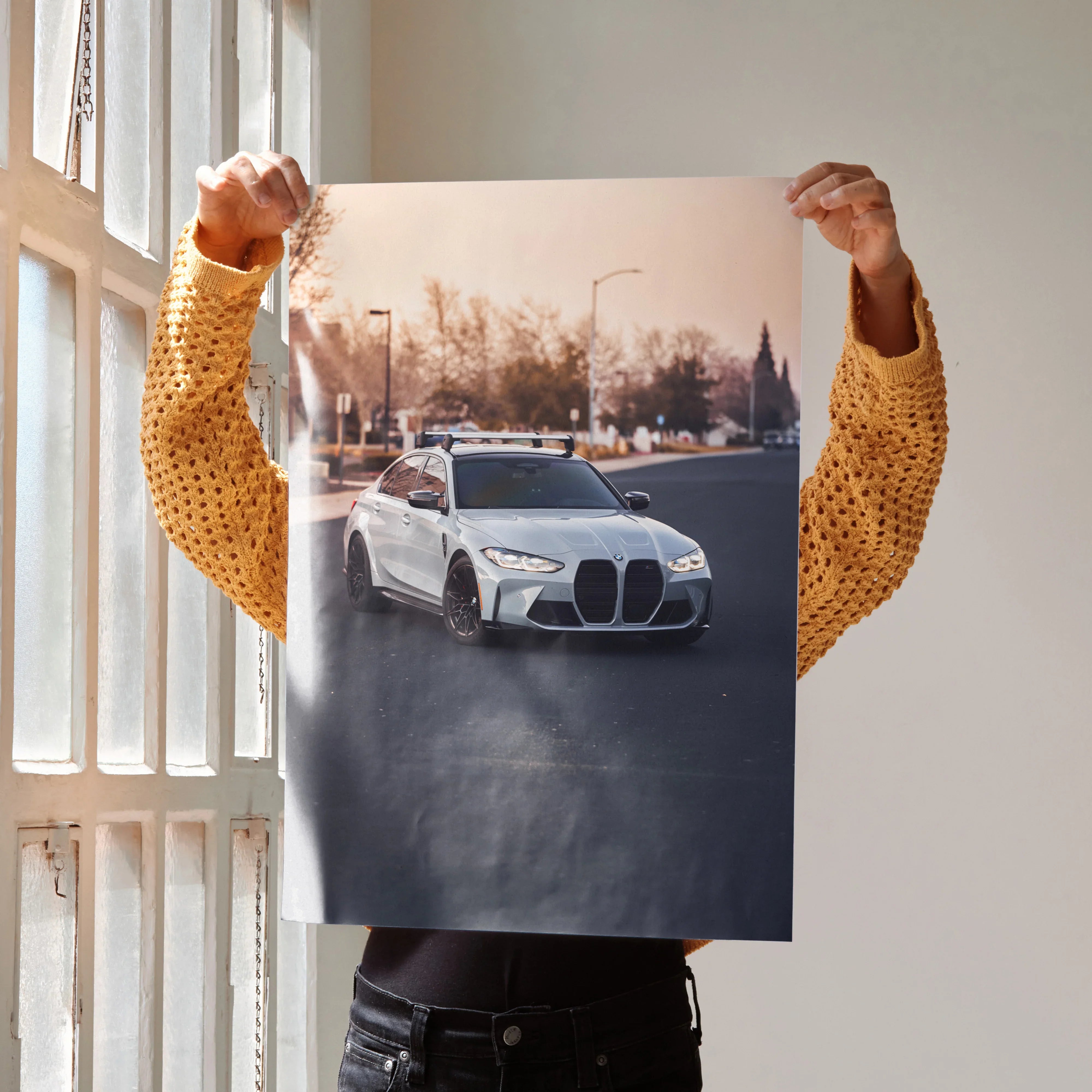 BMW G80 M3 poster with white car on dark road, luxury wall art for car lovers.