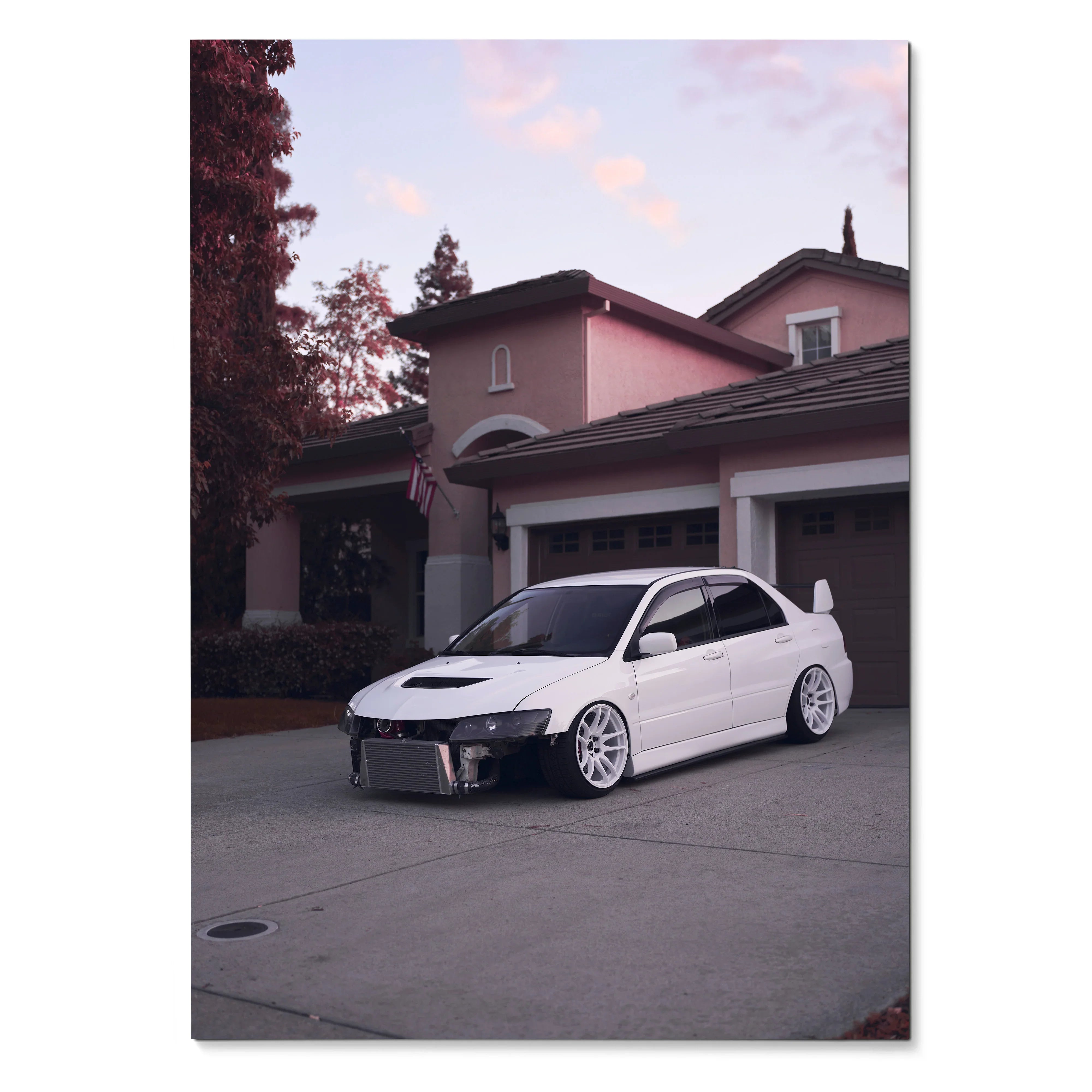 Mitsubishi Evo 8 parked in driveway with modern house backdrop poster wall art.