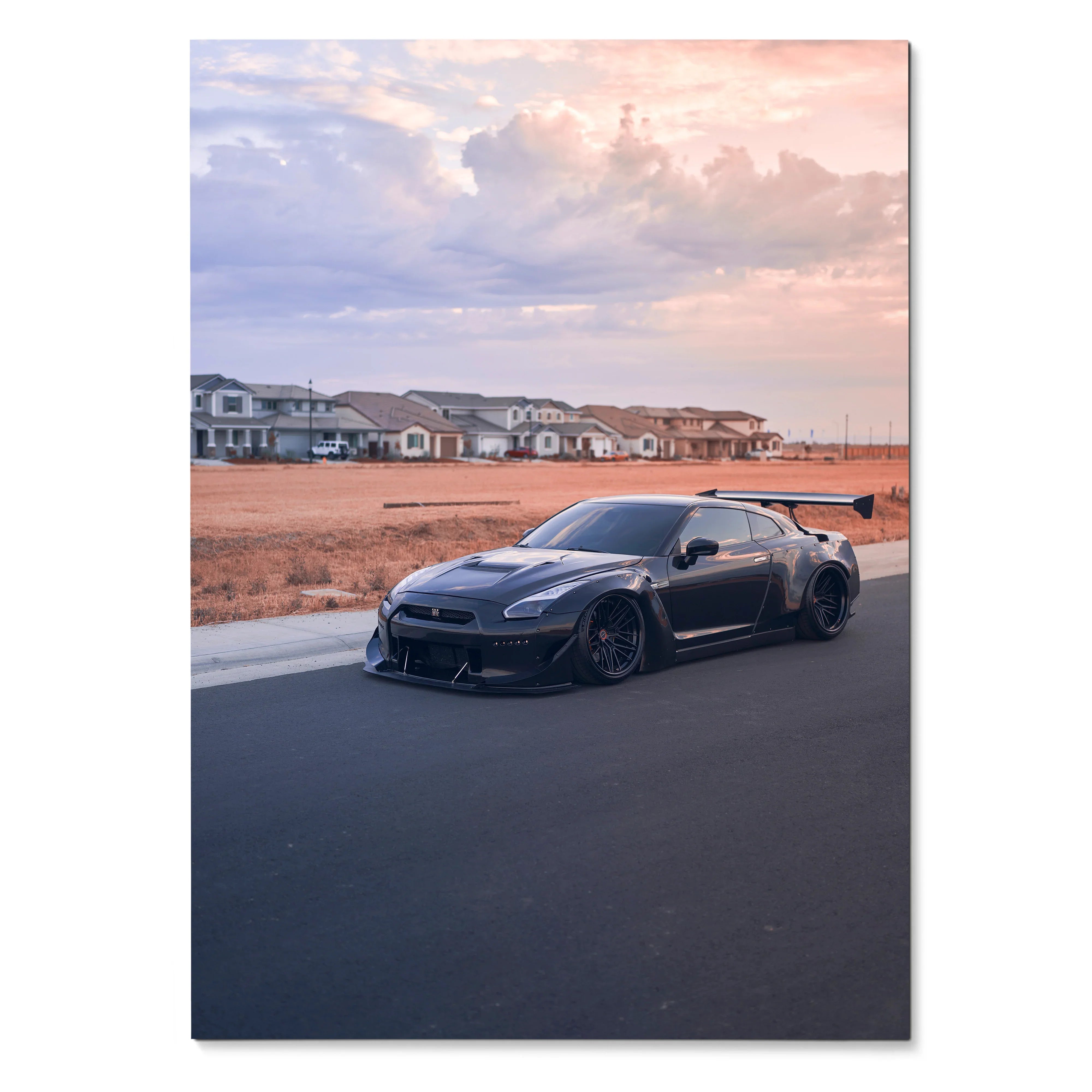 Nissan R35 GTR widebody parked on road at sunset high resolution poster wall art.