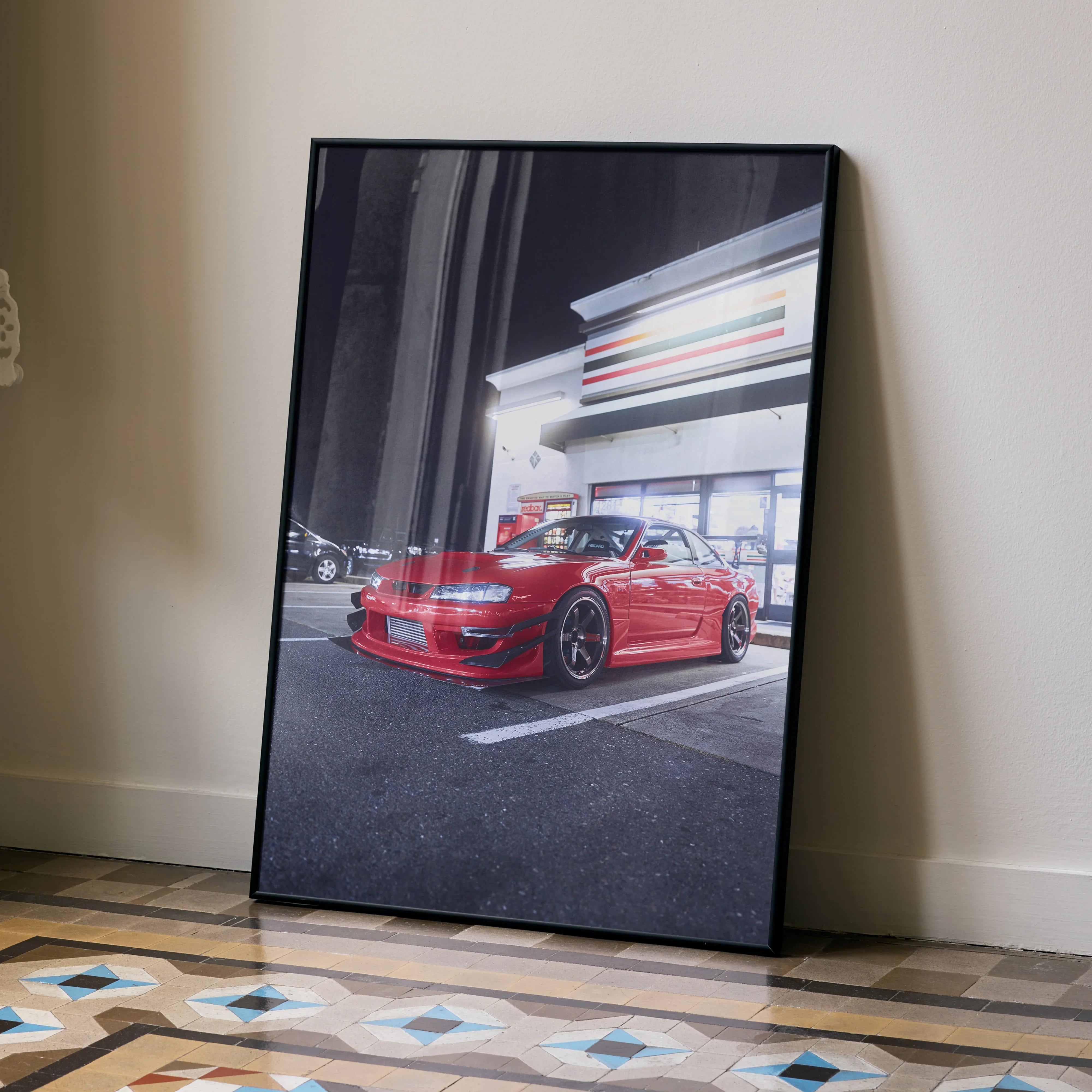 Red Nissan 240sx S14 Kouki parked at night in front of gas station, poster wall art.