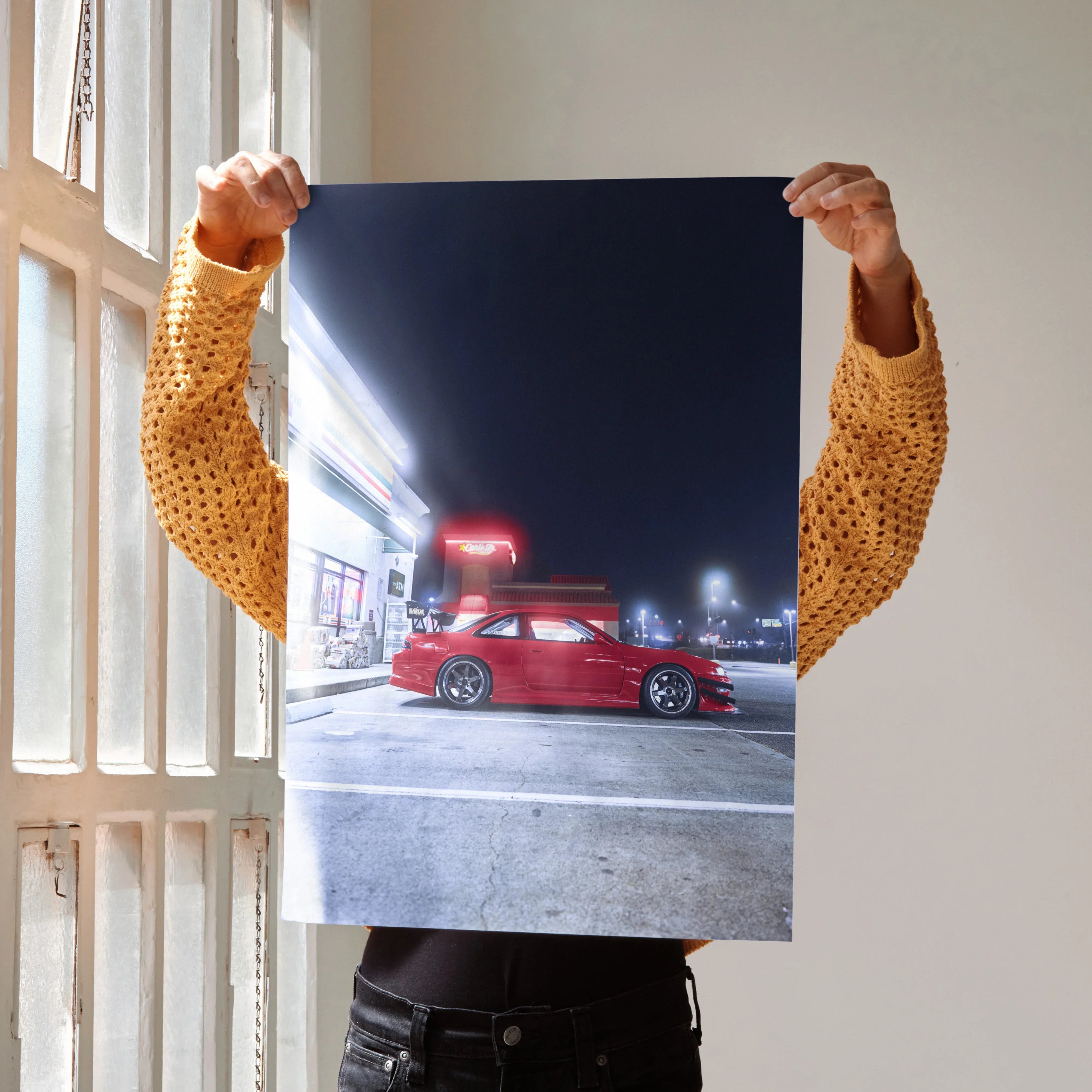 Poster wall art featuring a red Nissan 240sx S14 Kouki with motion blur lighting effects at night.