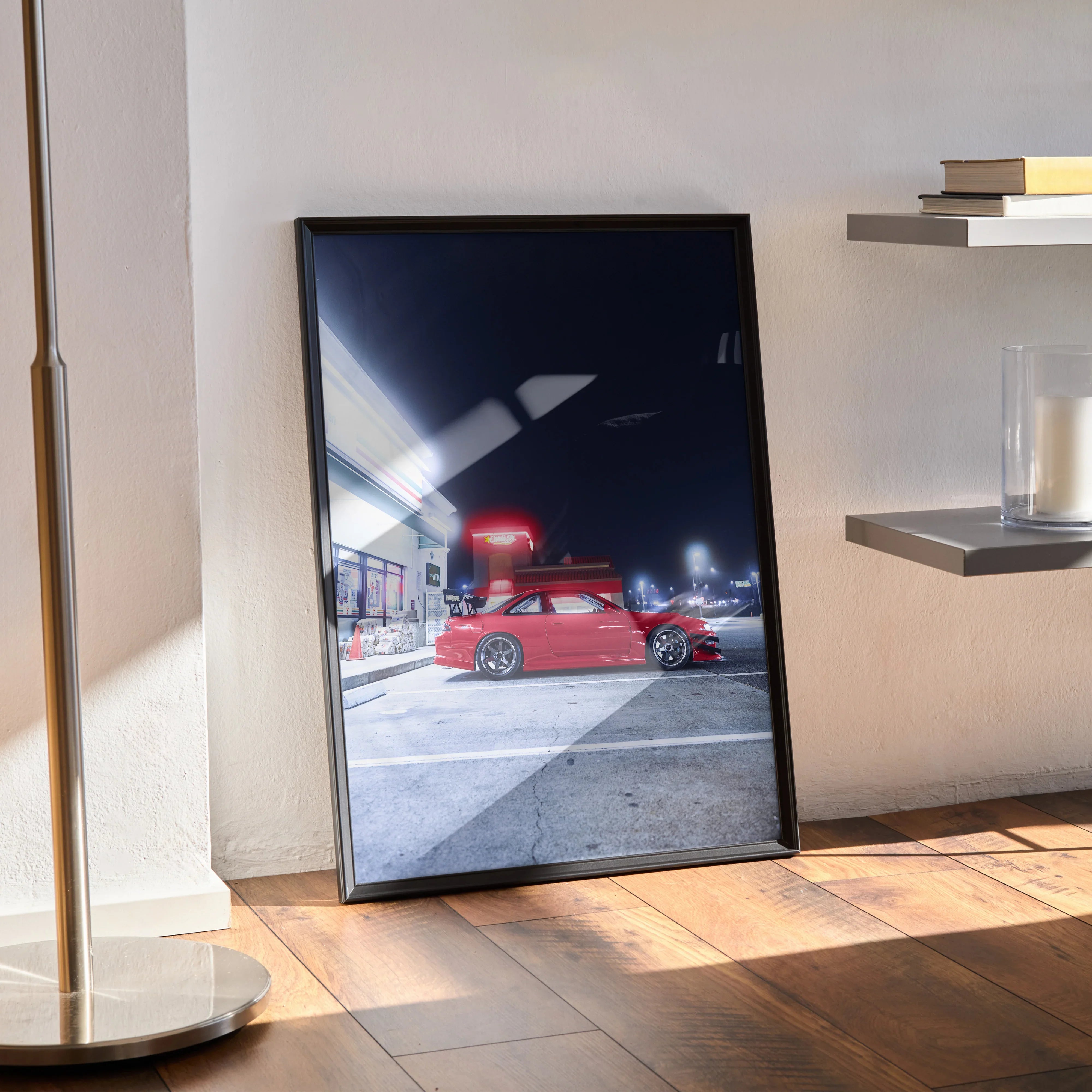Nissan 240sx S14 Kouki red car at night city scene poster wall art in black frame.