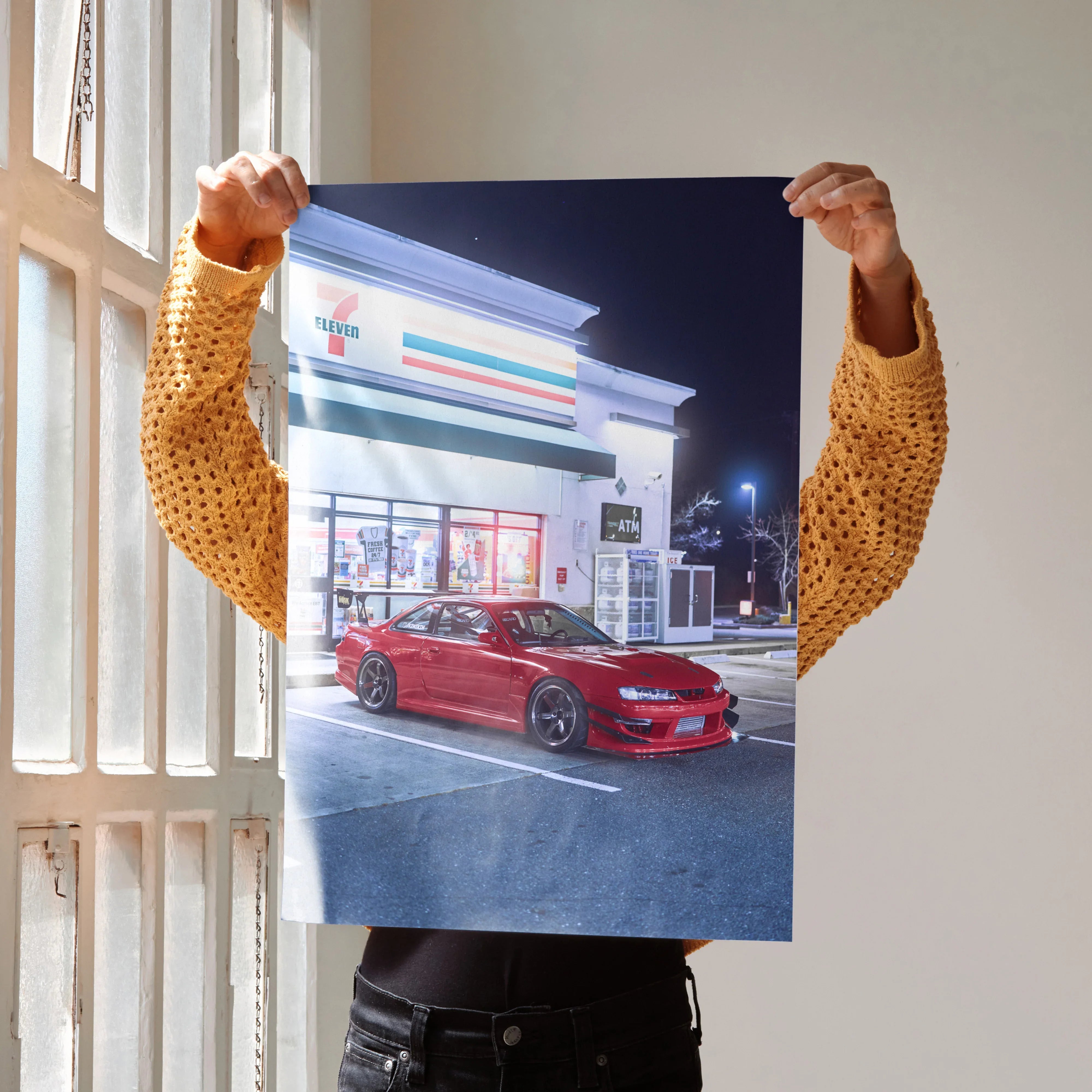 Red Nissan 240sx S14 Kouki poster with night city backdrop, automotive wall art print.