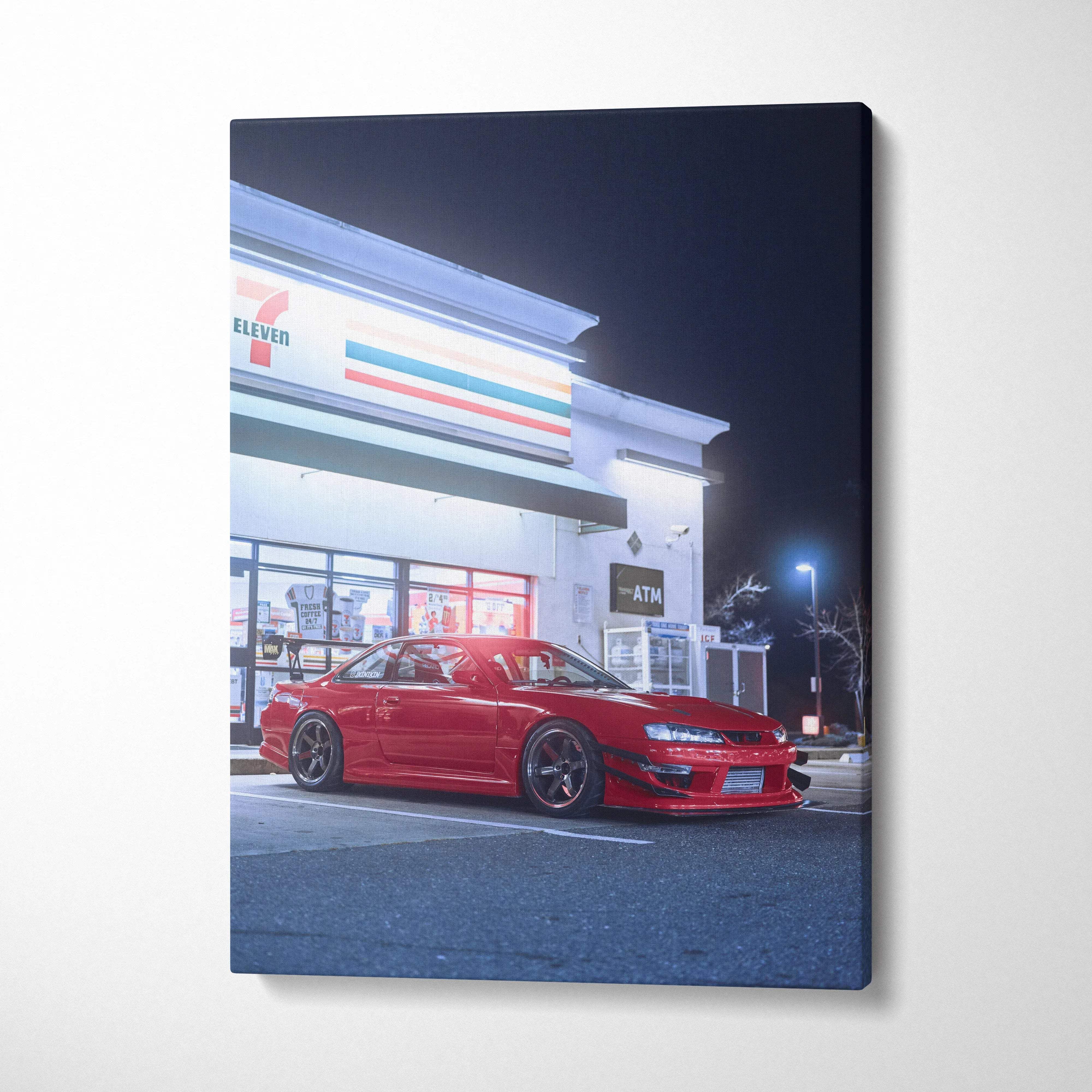 Red Nissan 240sx S14 Kouki sports car at night canvas wall art print.