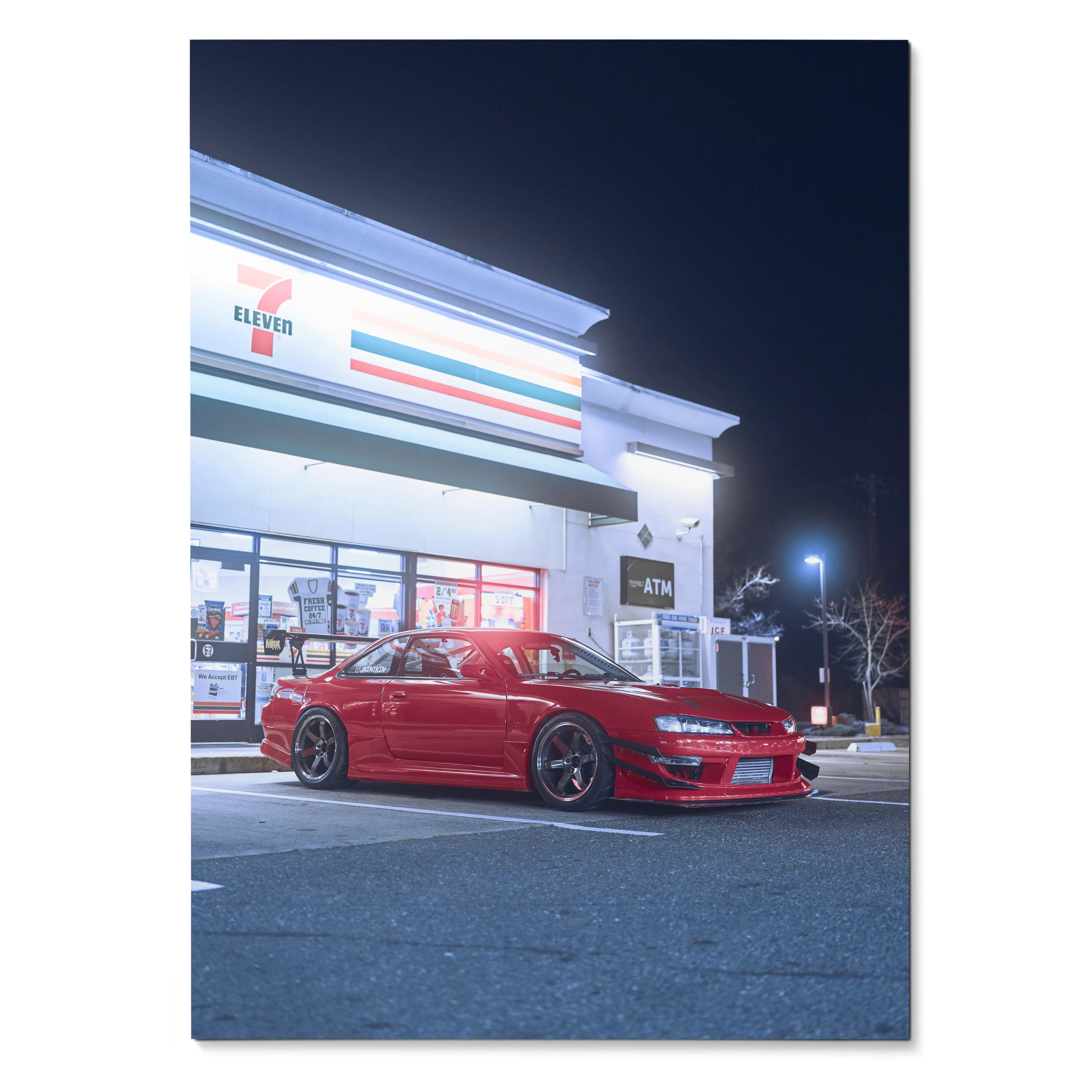 Red Nissan 240sx S14 Kouki parked outside convenience store at night poster wall art.