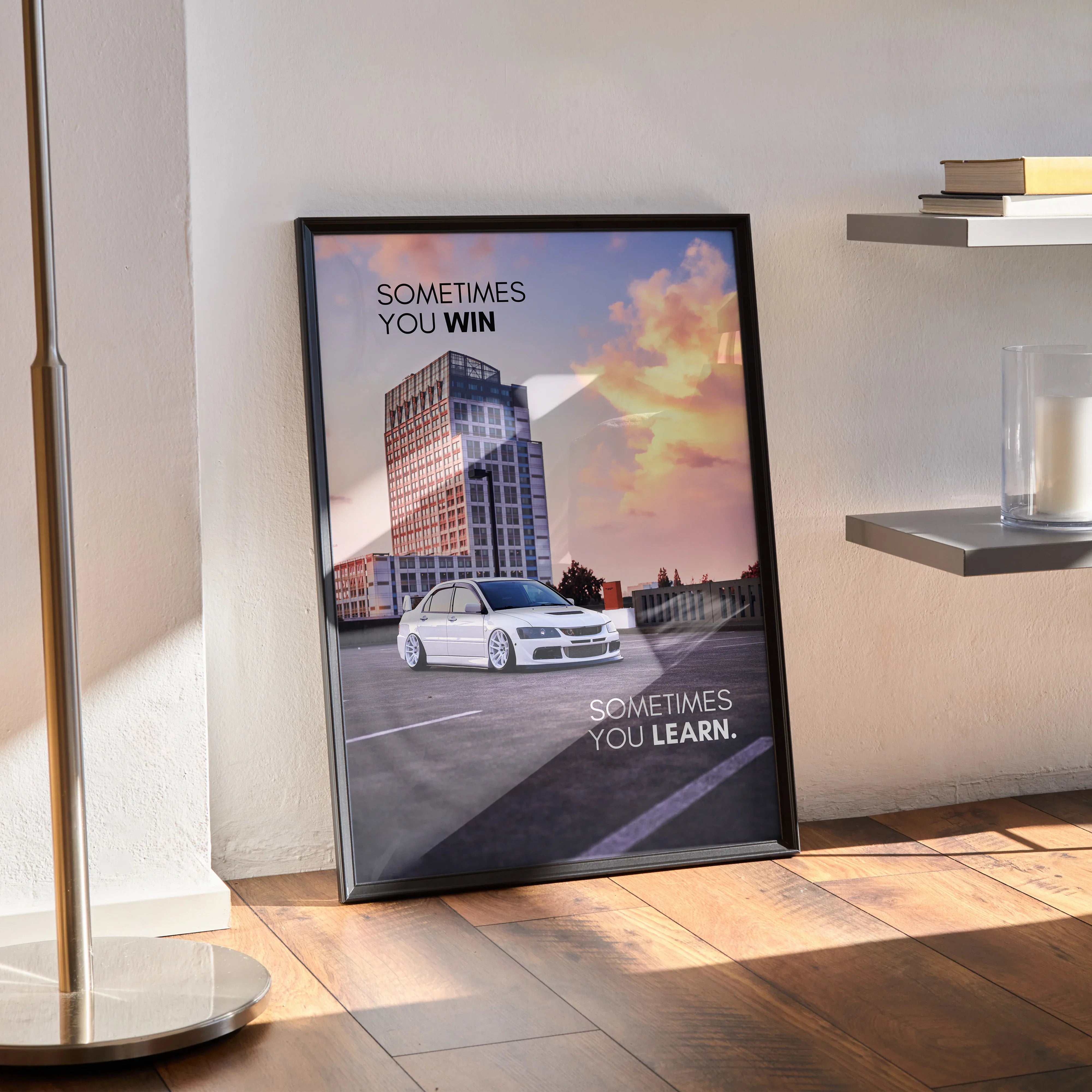 Motivational wall art poster featuring a white Mitsubishi Evo 8 with sunrise sky and inspiring text.