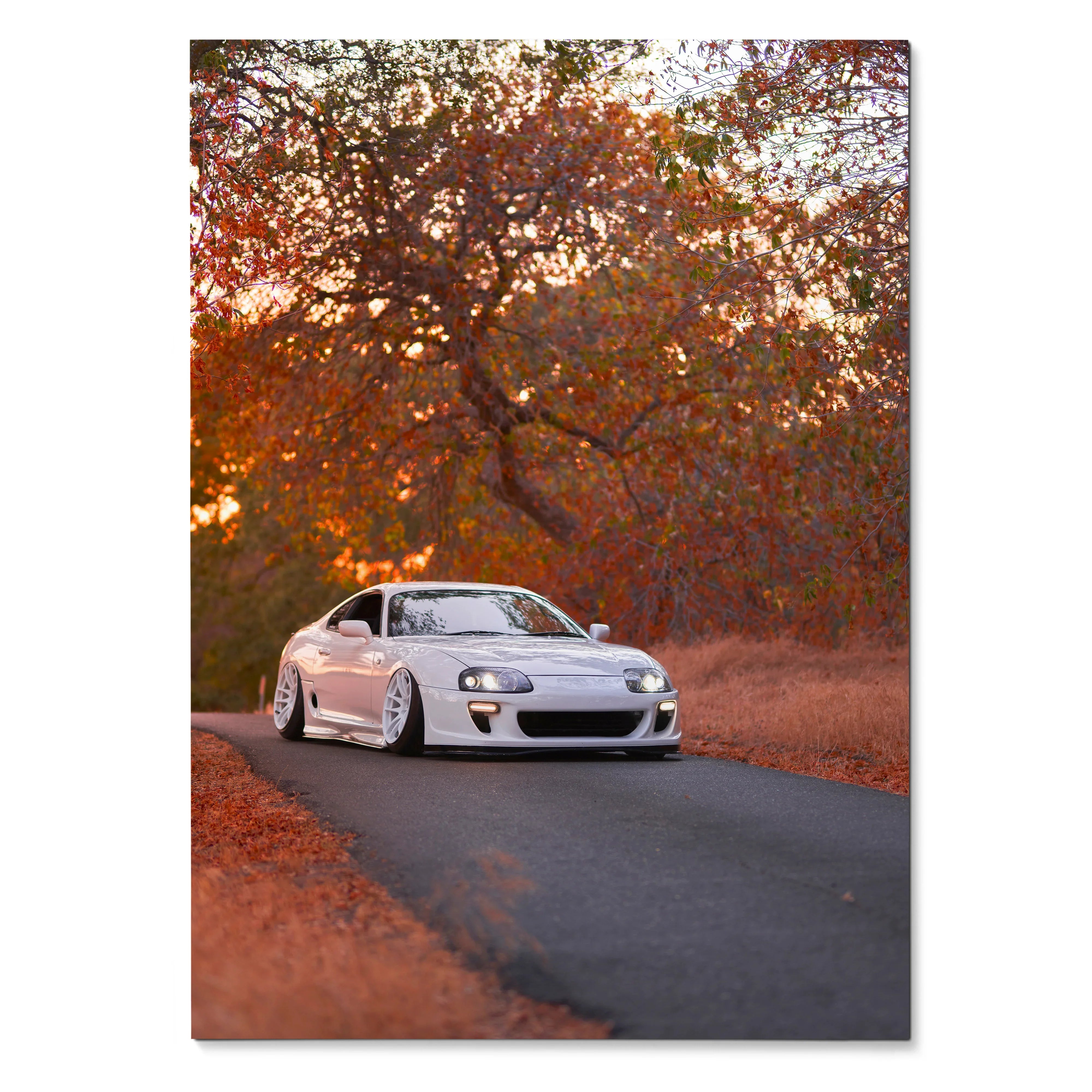 Toyota Supra MK4 white sports car on autumn road poster, vibrant wall art with fall colors.