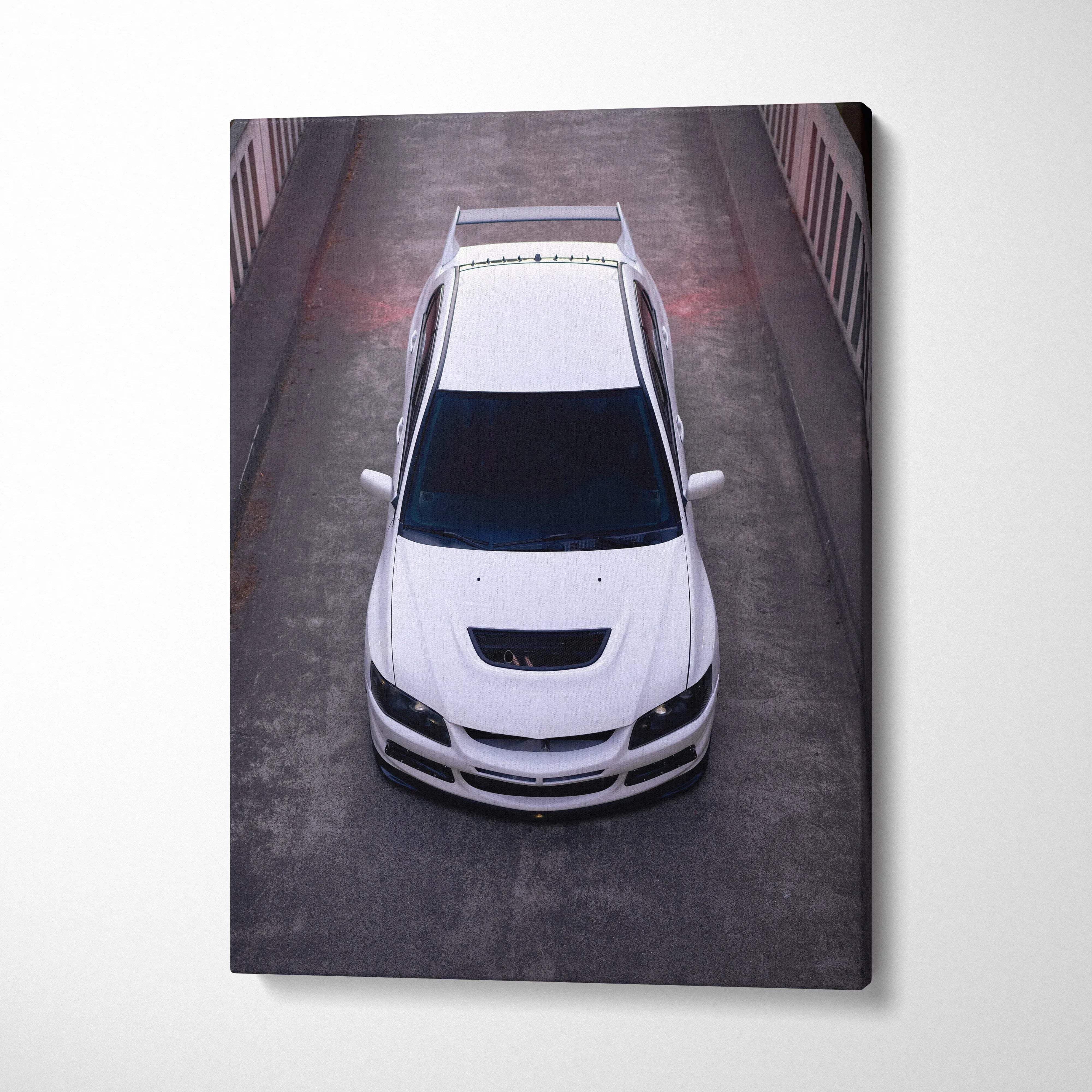 Mitsubishi Evo 8 high-resolution vertical canvas art showing a white car top view, wall art.