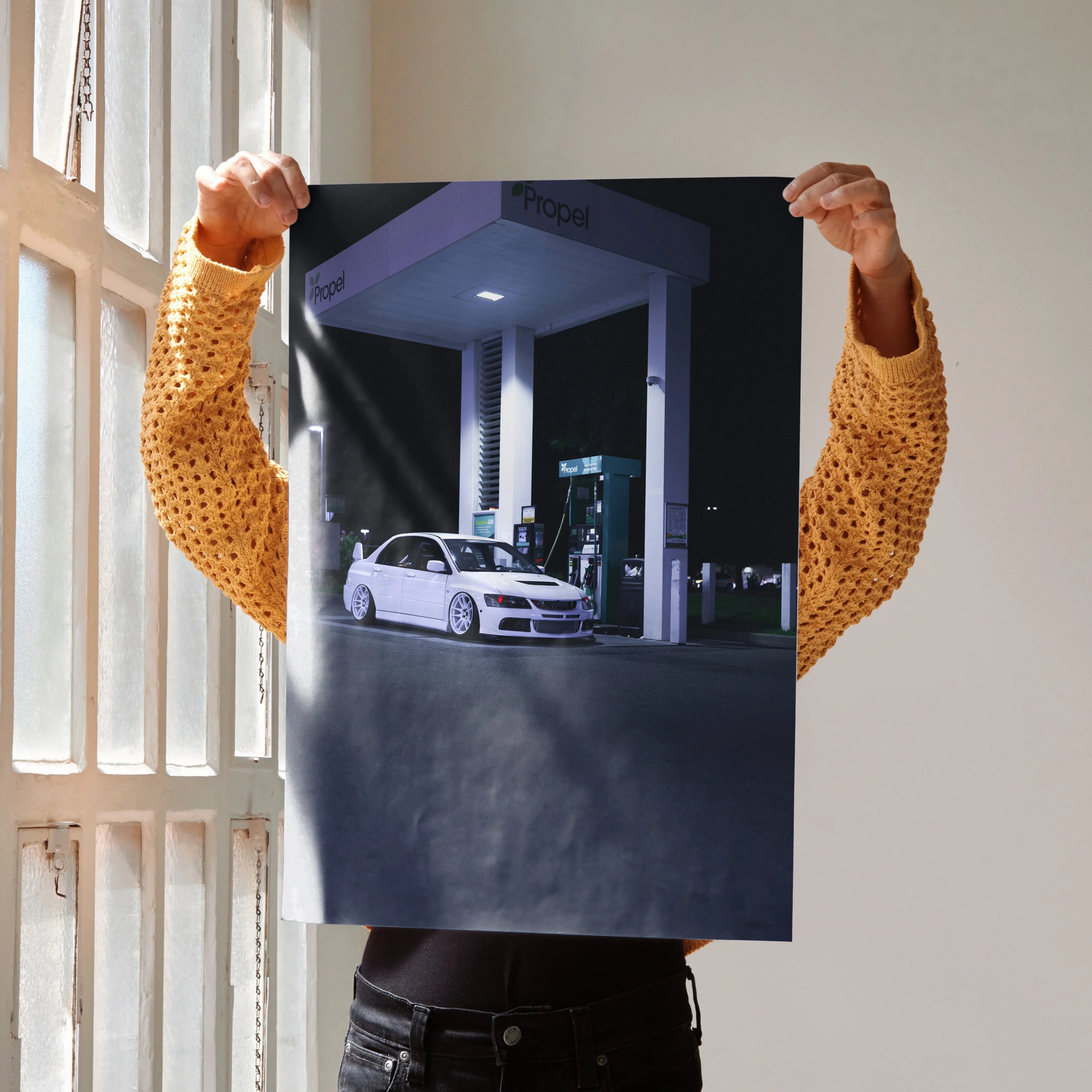 Mitsubishi Evo 8 parked at gas station at night, automotive poster wall art.