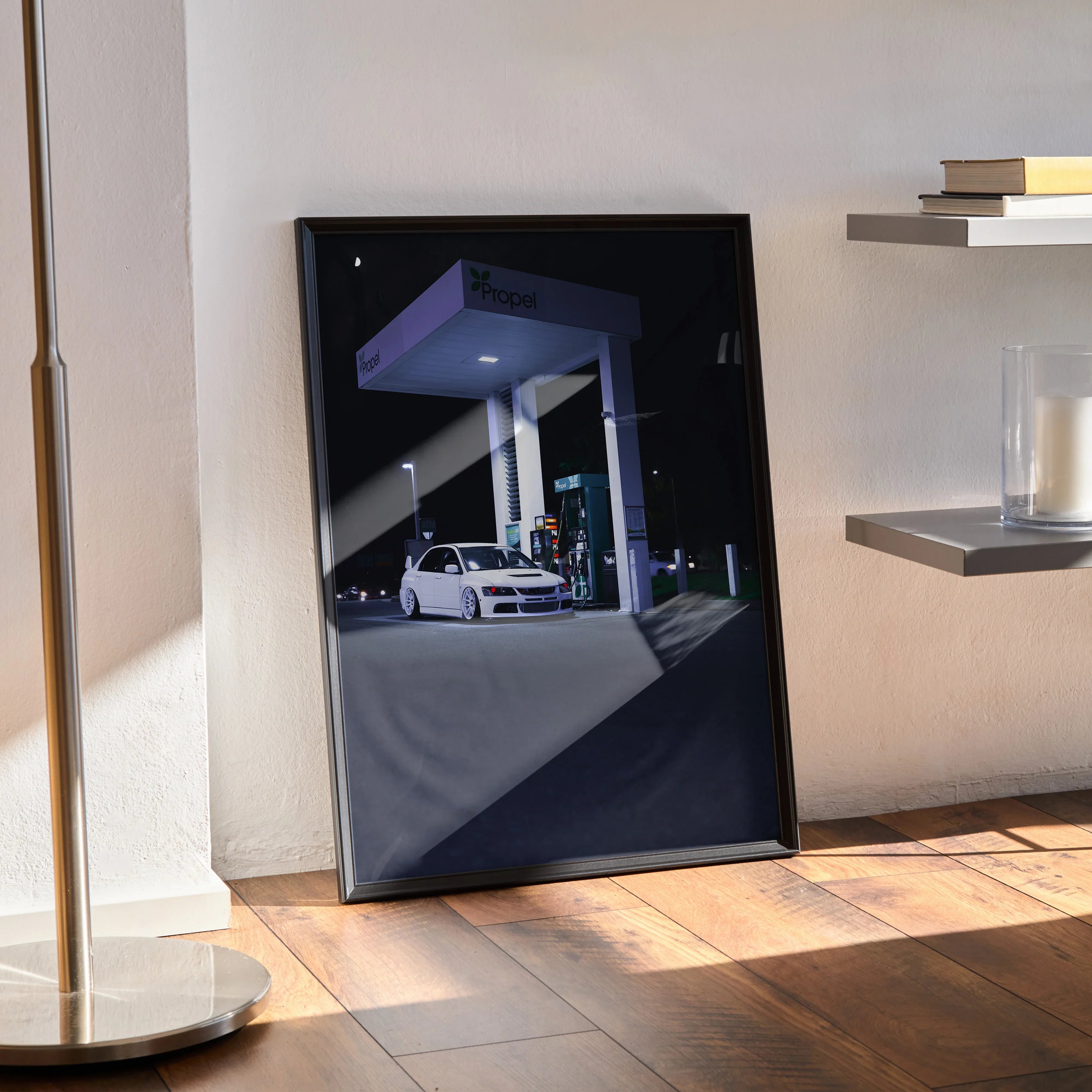 Mitsubishi Evo 8 poster shown as sleek high-resolution wall art print with night gas station scene.