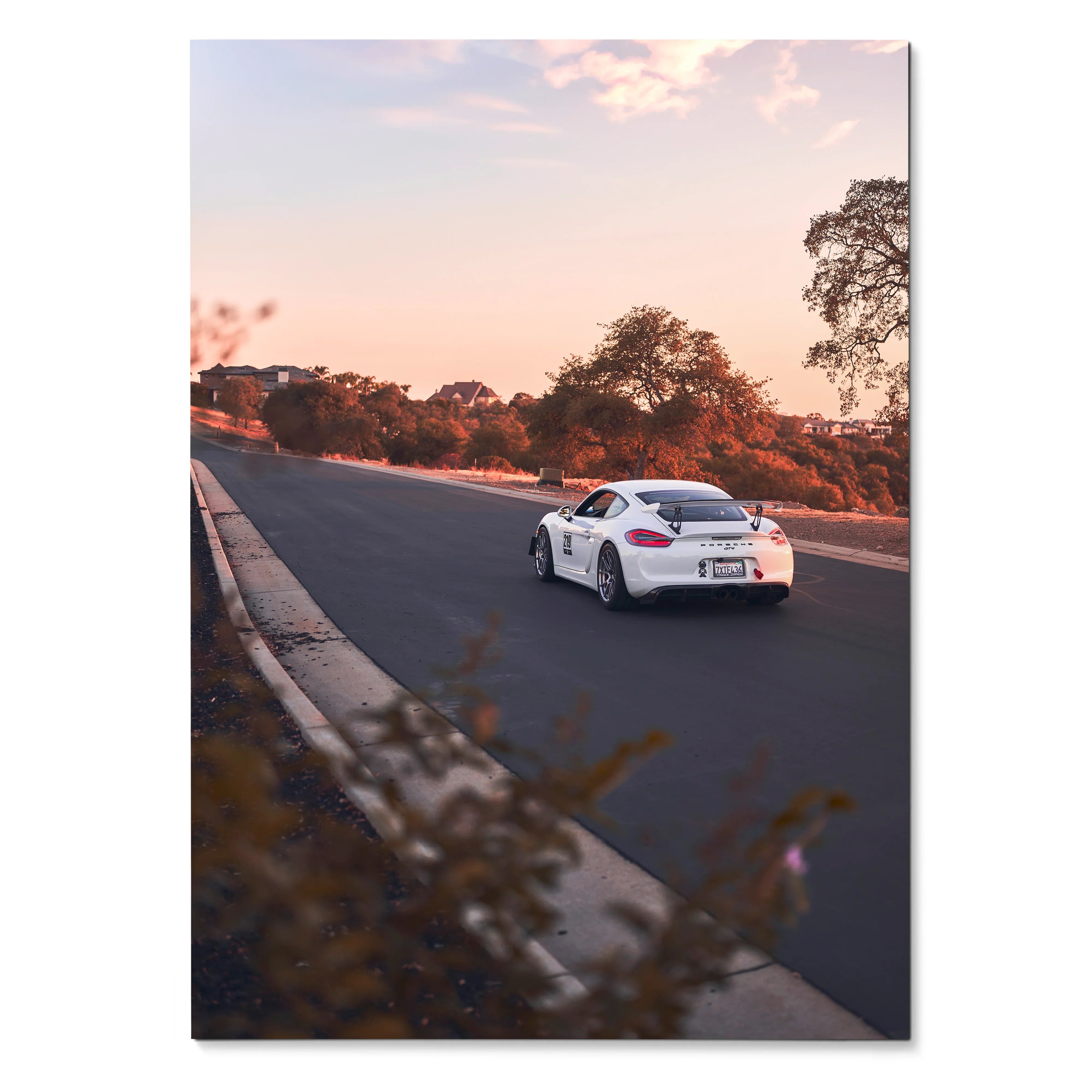 Porsche GT4 racing poster with sunset backdrop and tree-lined road wall art.