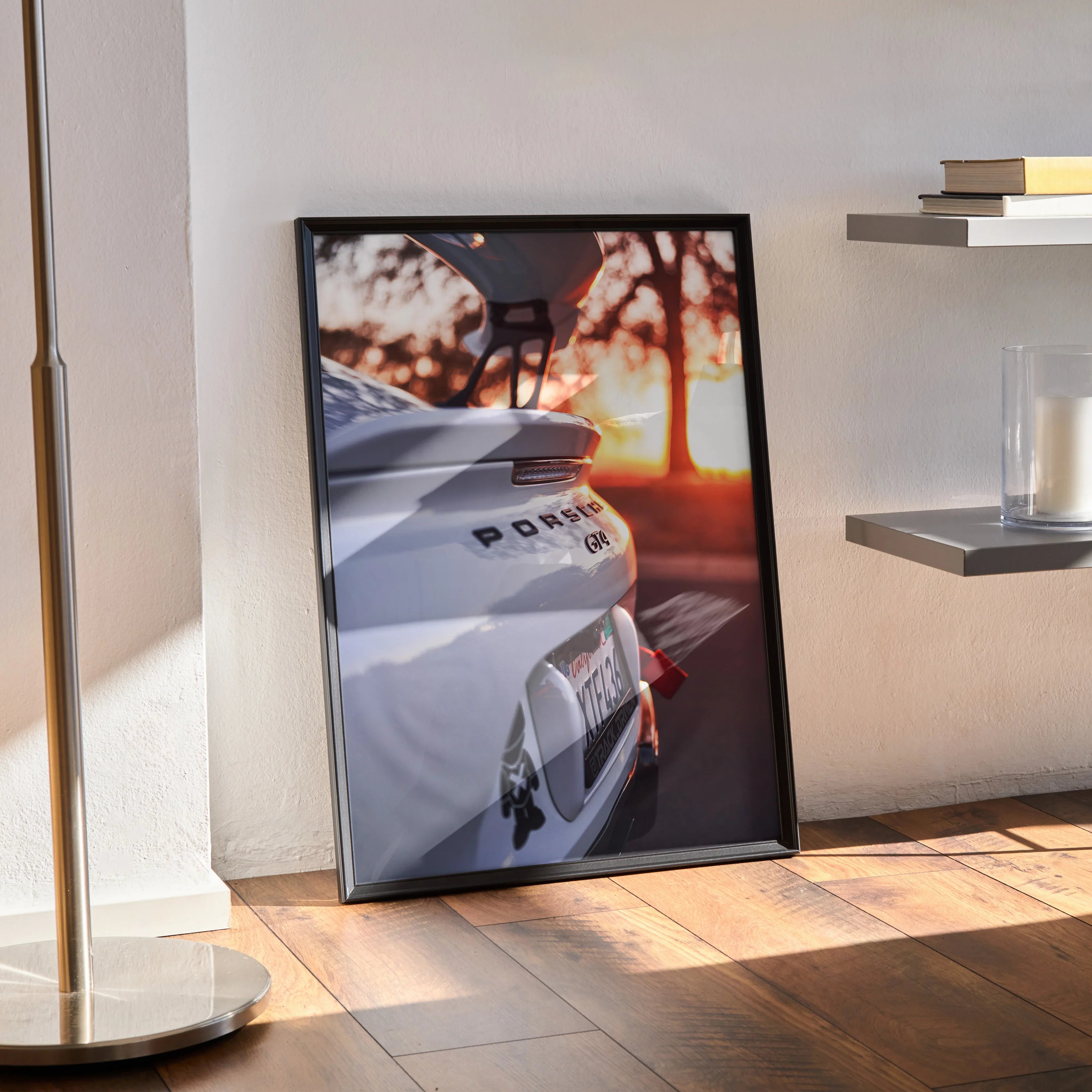 Porsche GT4 Clubman Edition poster featuring rear car detail at sunset, modern wall art print.