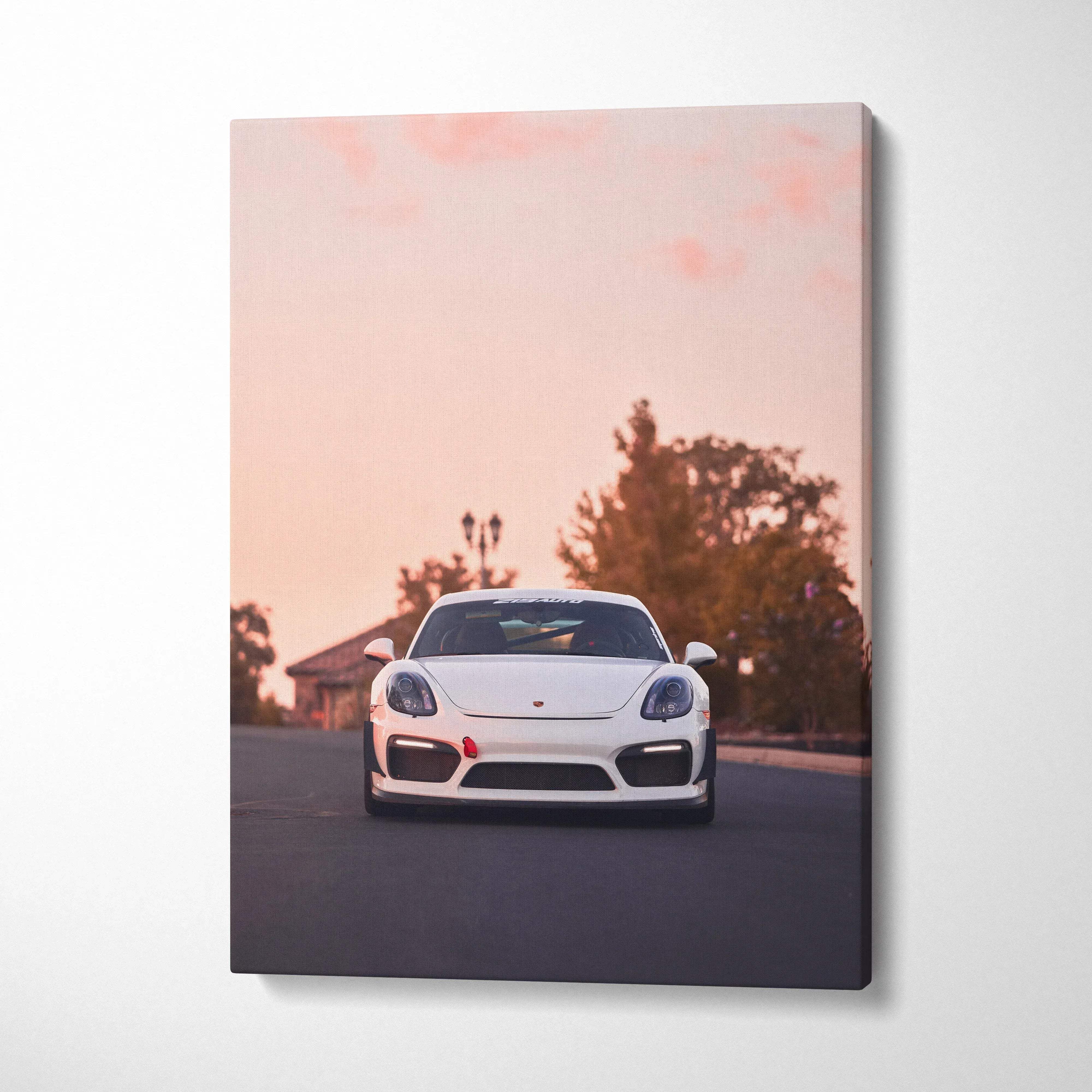 Porsche GT4 front view on road under orange sky canvas wall art vertical canvas art.