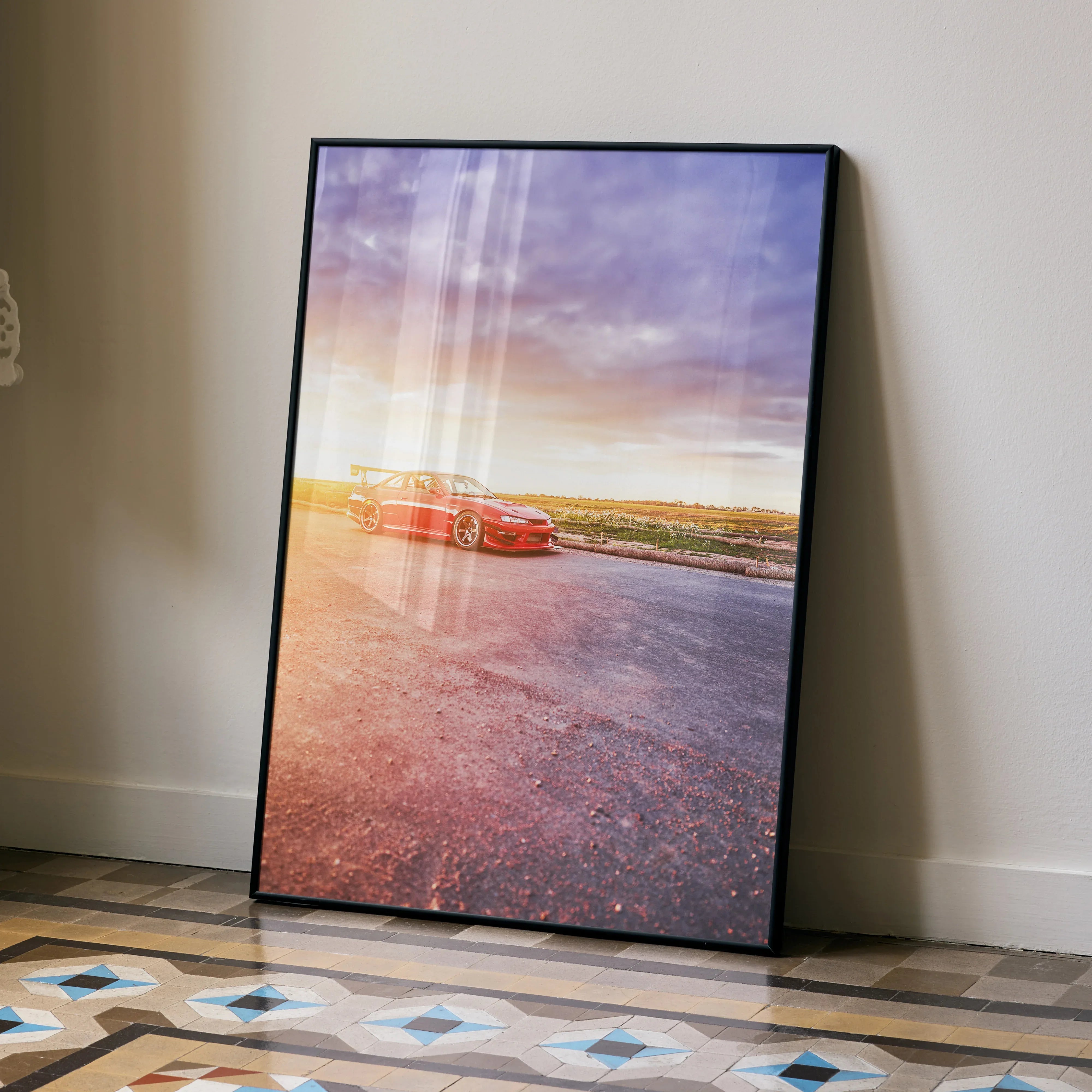 Nissan 240sx S14 Kouki car poster with sunset background displayed as wall art.