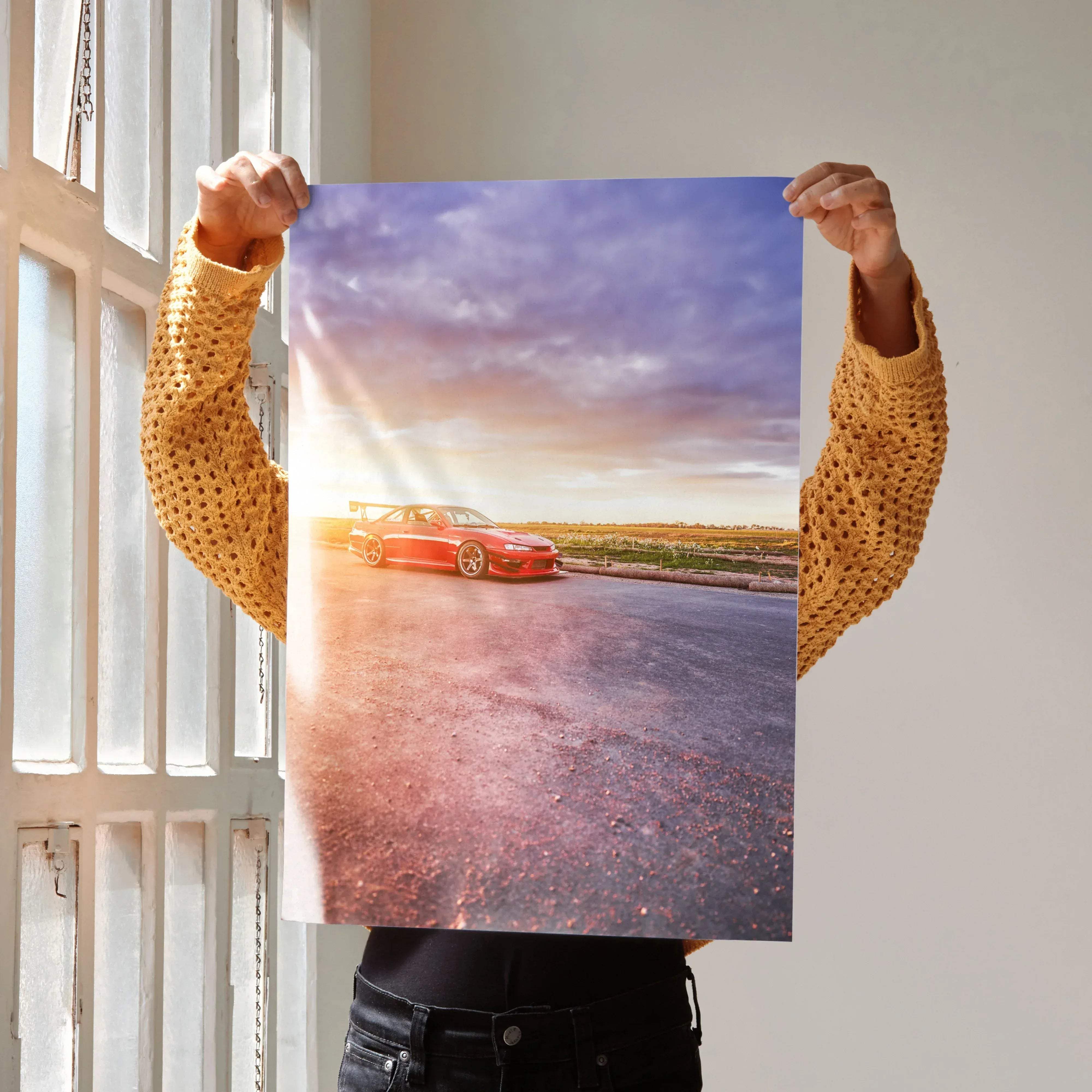 Red nissan 240sx s14 kouki sports car poster with sleek glossy finish and dynamic sunset lighting in high resolution