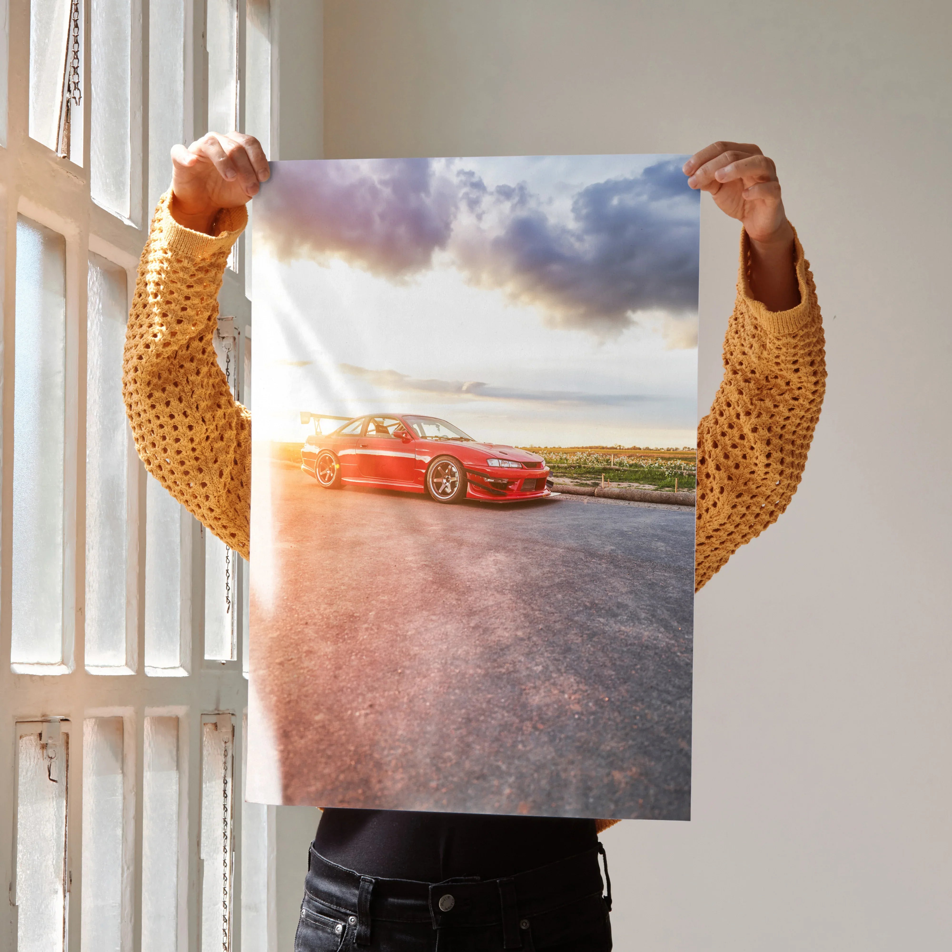 Nissan 240sx S14 Kouki car poster with sunset and dramatic clouds wall art.