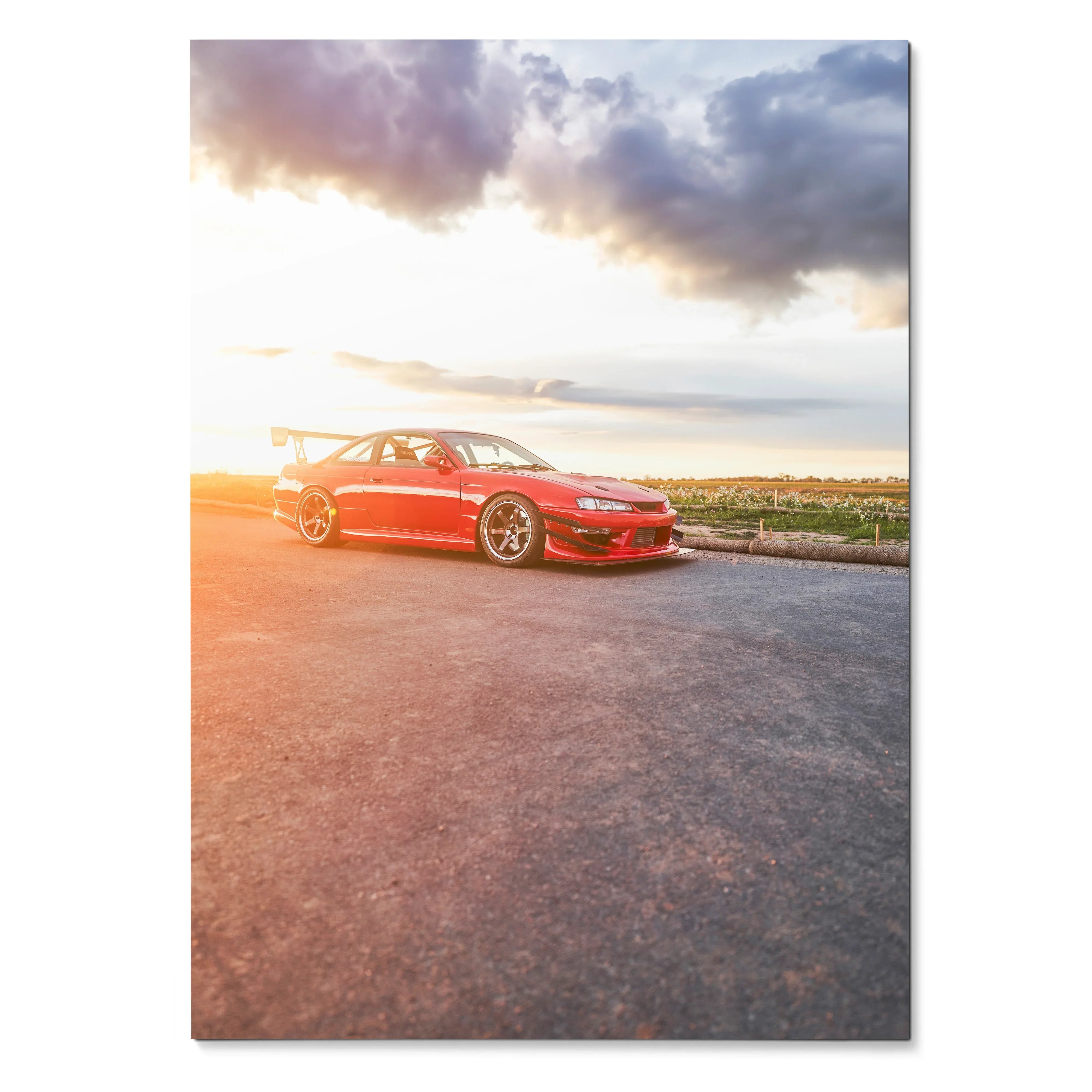 Nissan 240sx S14 Kouki in red parked on road at sunset poster wall art.