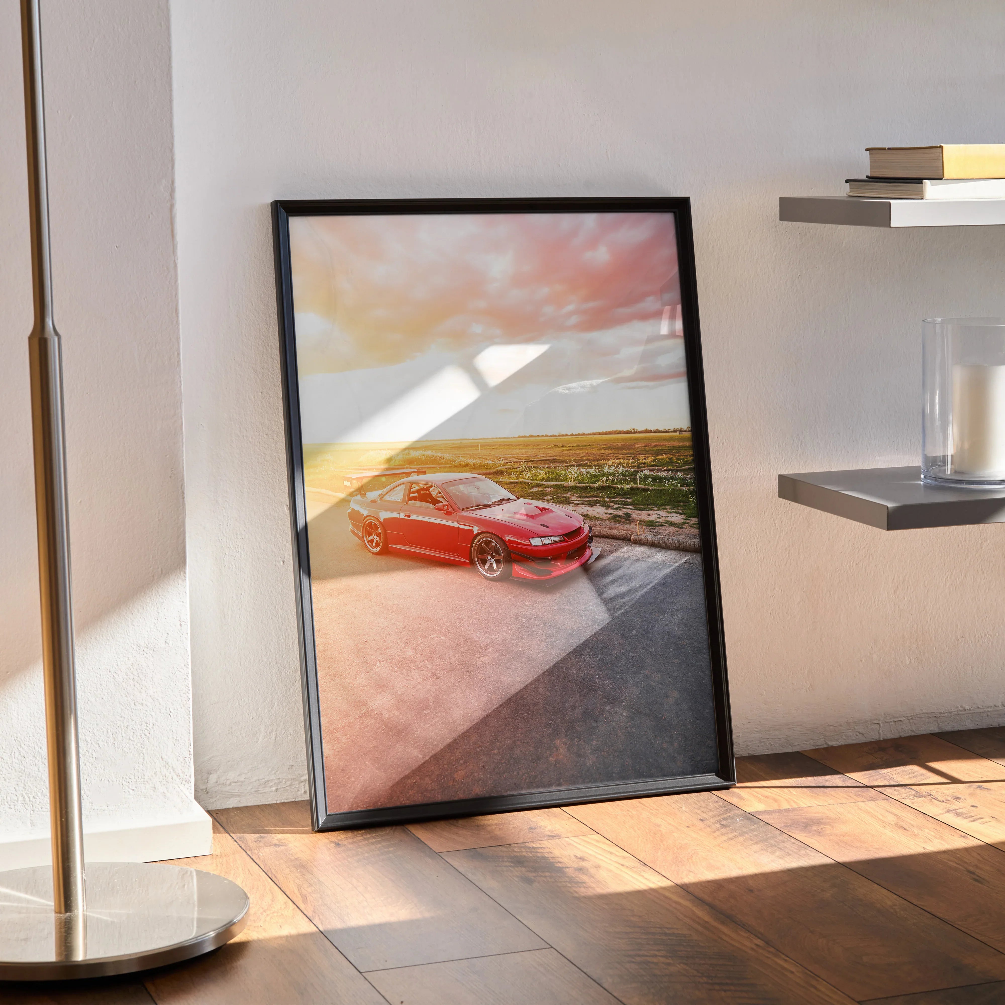 Nissan 240sx S14 Kouki poster with red car and sunset sky, framed wall art.