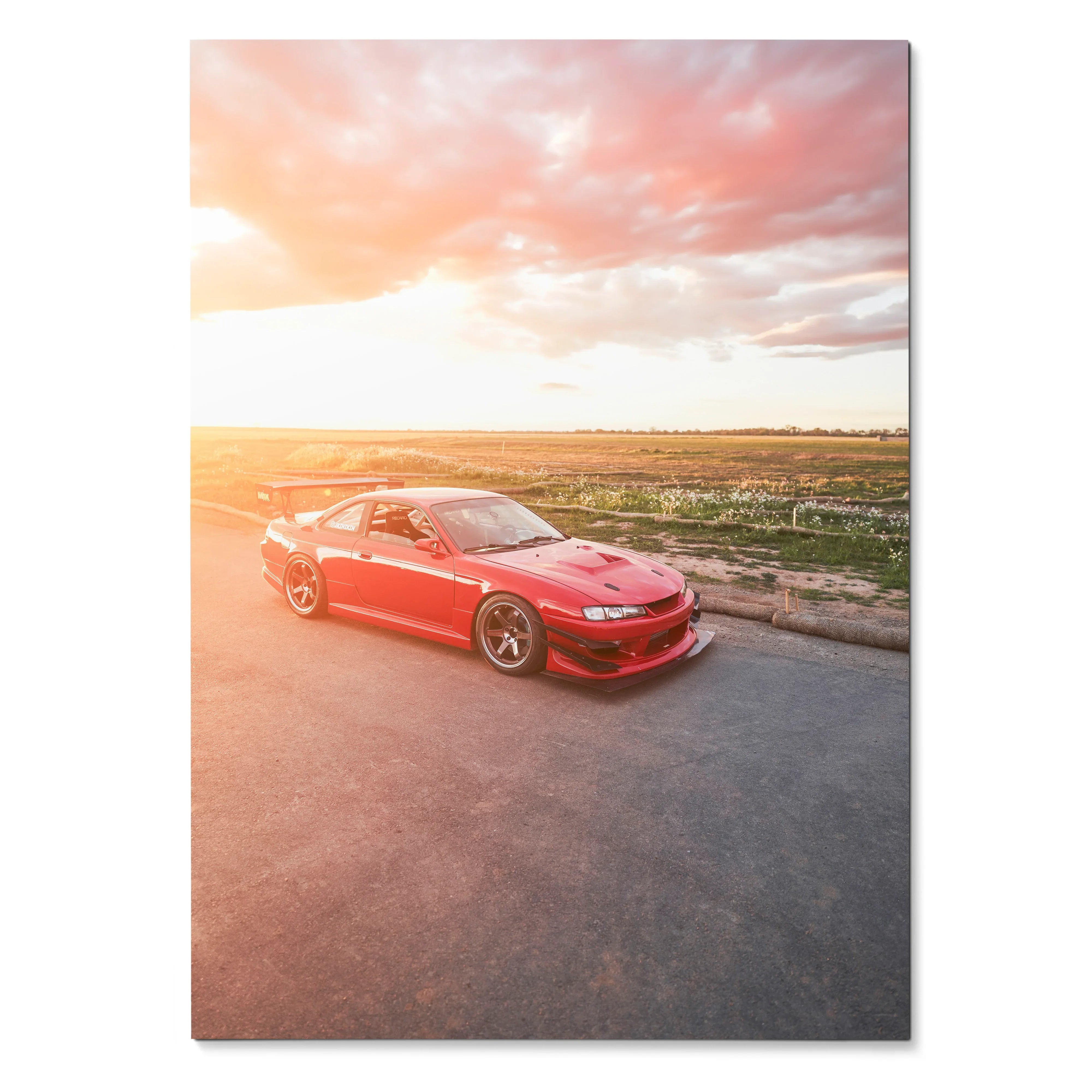 Red Nissan 240sx S14 Kouki parked at sunset with warm sky, poster wall art design.